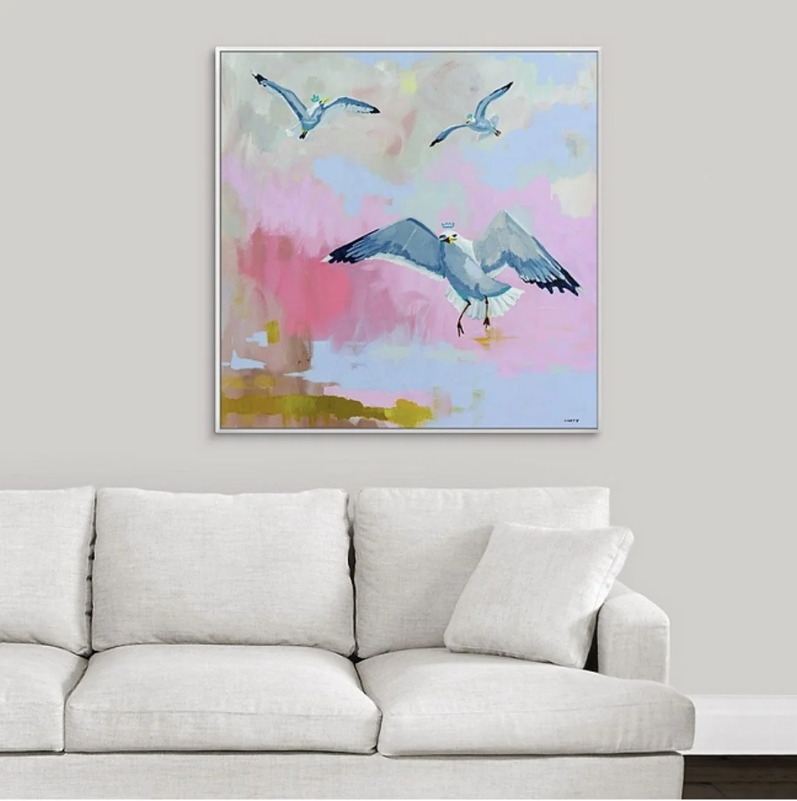 coastal art, framed canvas art print with seagulls by Megan Carty
