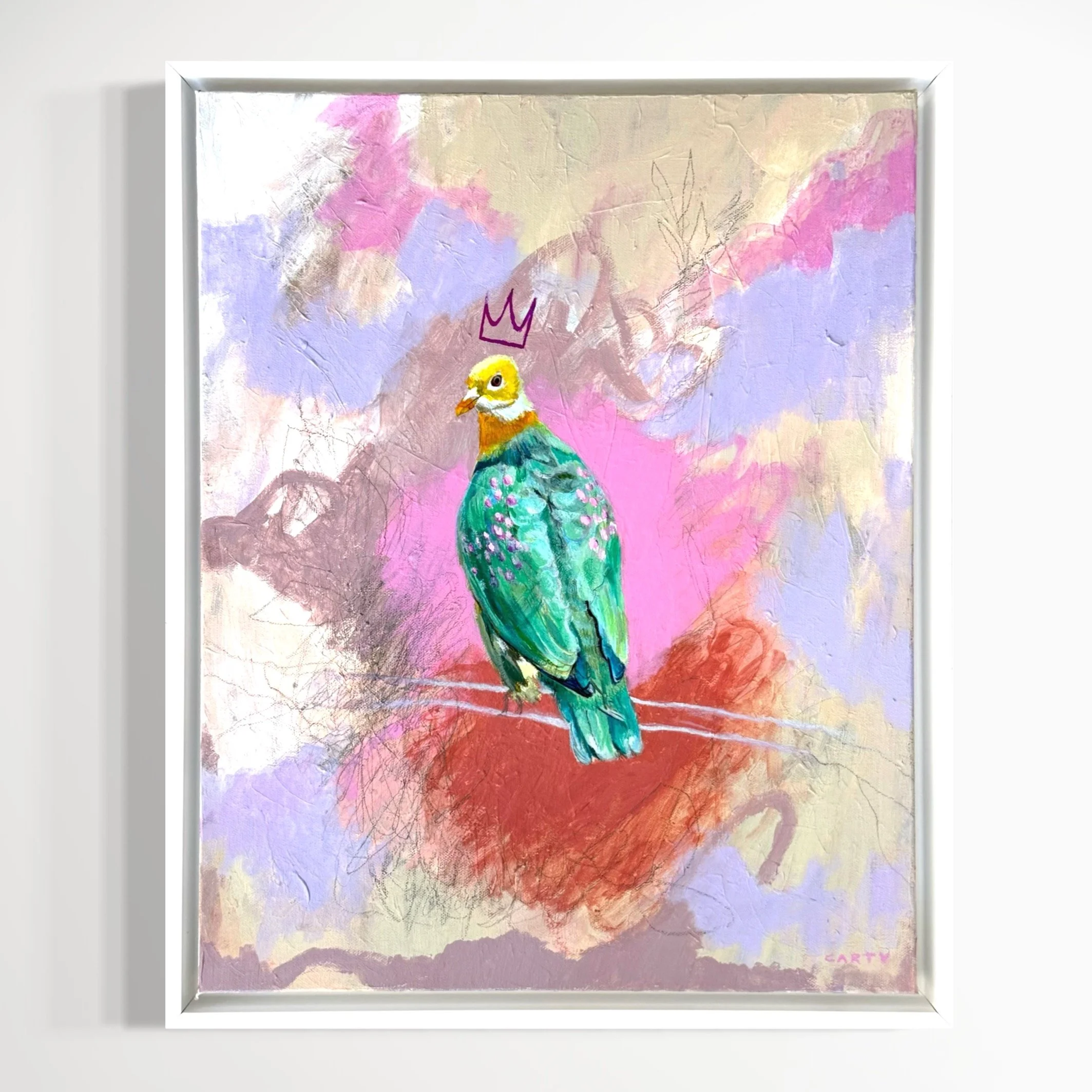 16x20 framed acrylic painting of a fruit dove wearing a crown by Megan Carty