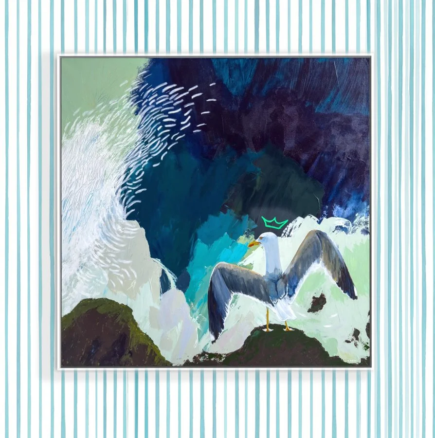 seagull painting on a striped wall by Megan Carty