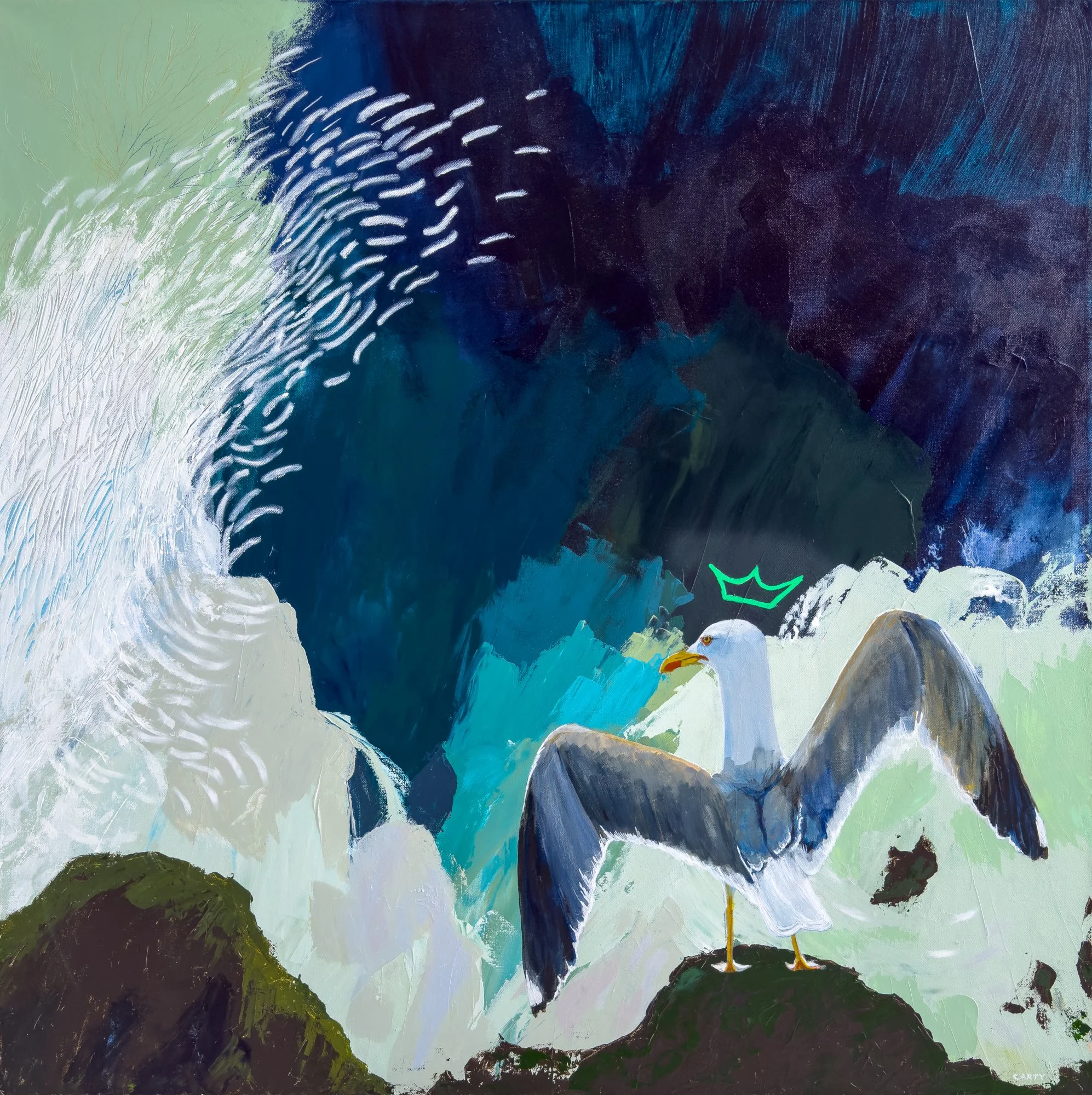 coastal abstract painting with a seabird by Megan Carty