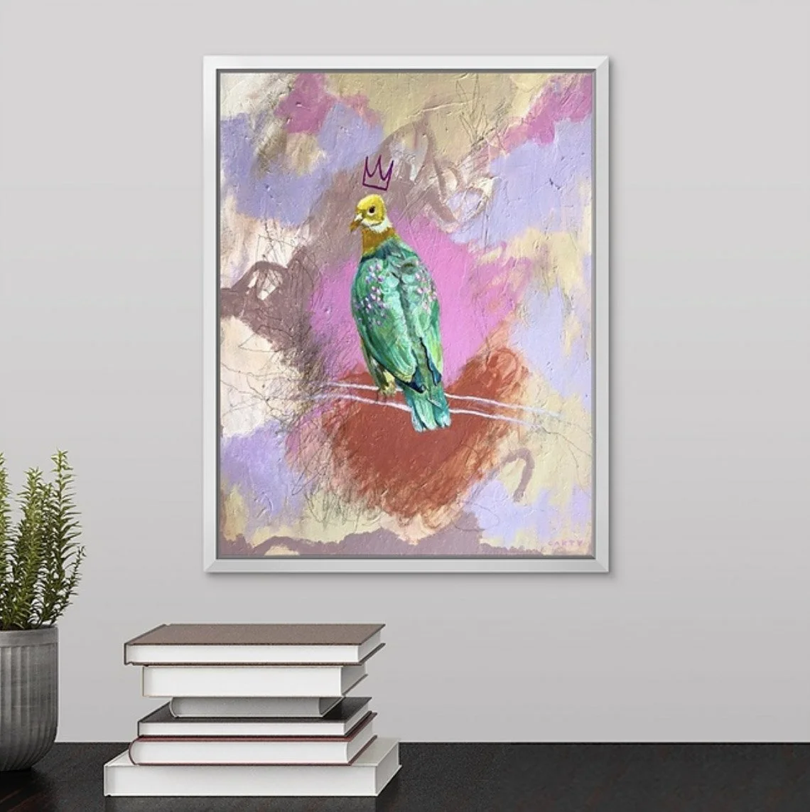 brightly colored bird art, yellow spotted fruit dove fine art print by Megan Carty