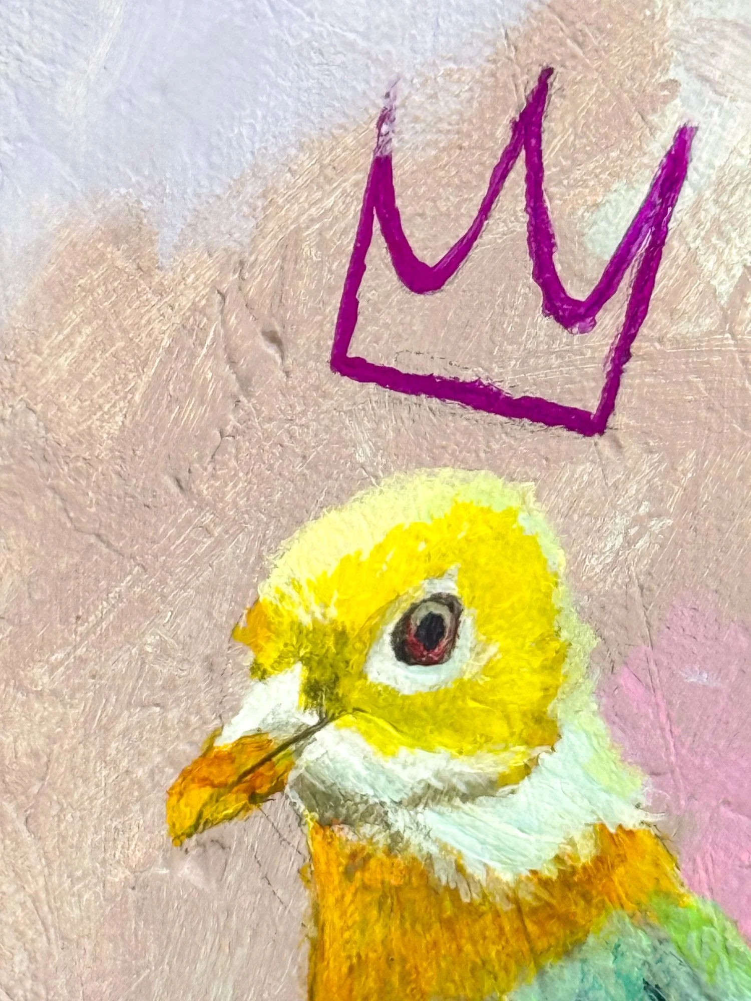 16x20 framed acrylic painting of a fruit dove wearing a crown by Megan Carty