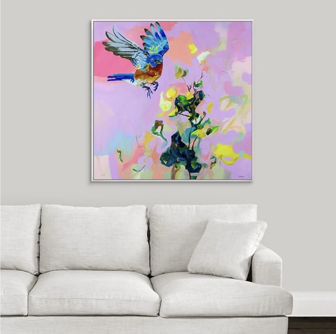 colorful crowned bluebird square art print, framed, Megan Carty