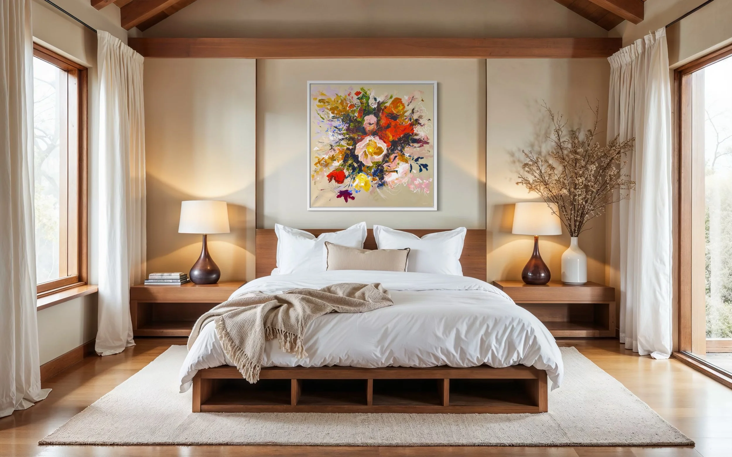 Abstract Floral Art in a modern chic bedroom by Megan Carty