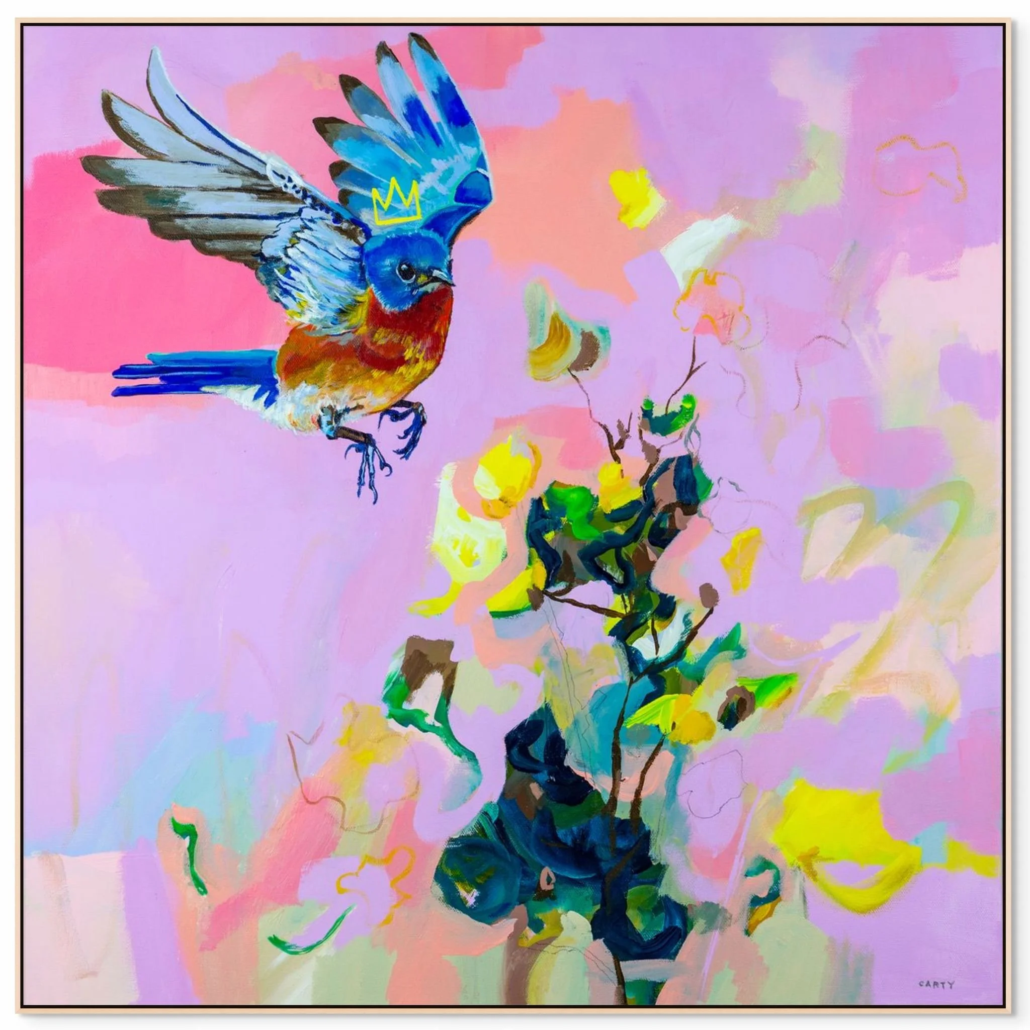 bluebird wall art print, pink abstract floral painting with a bluebird