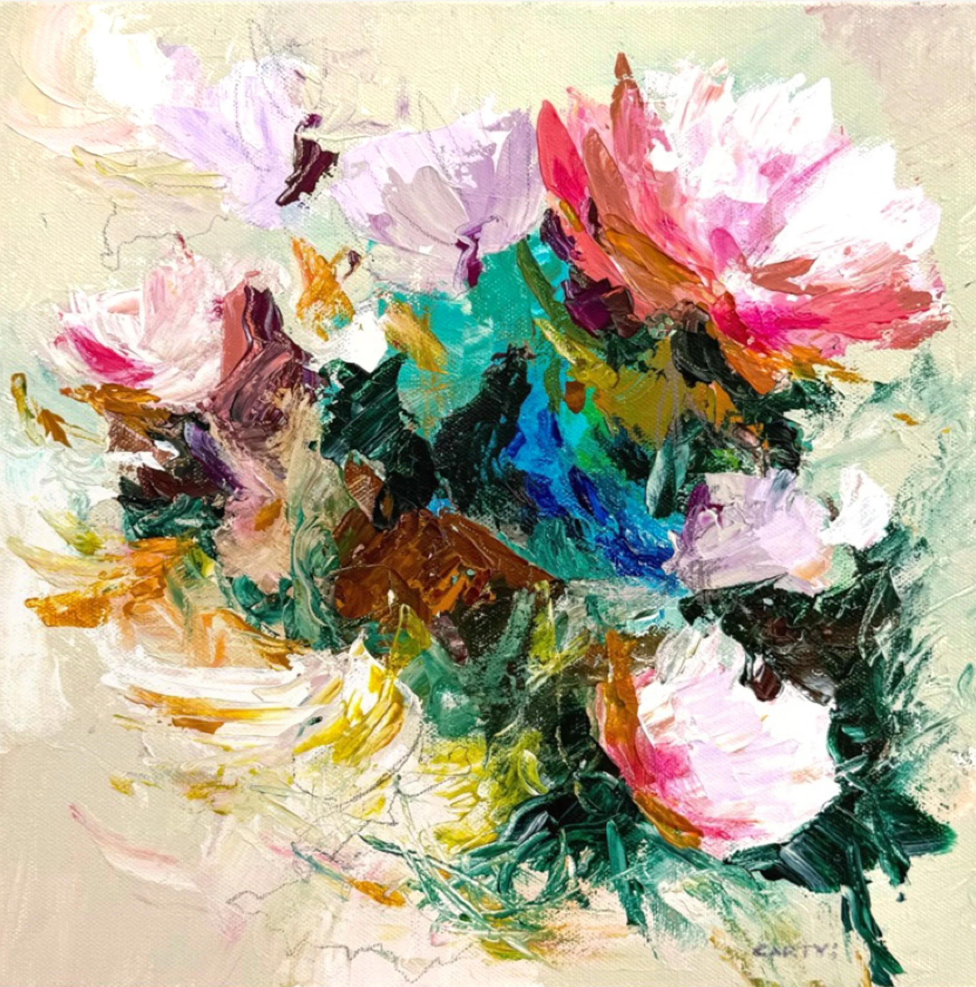 Darts Pool and Skincare, 12x12, abstract floral painting