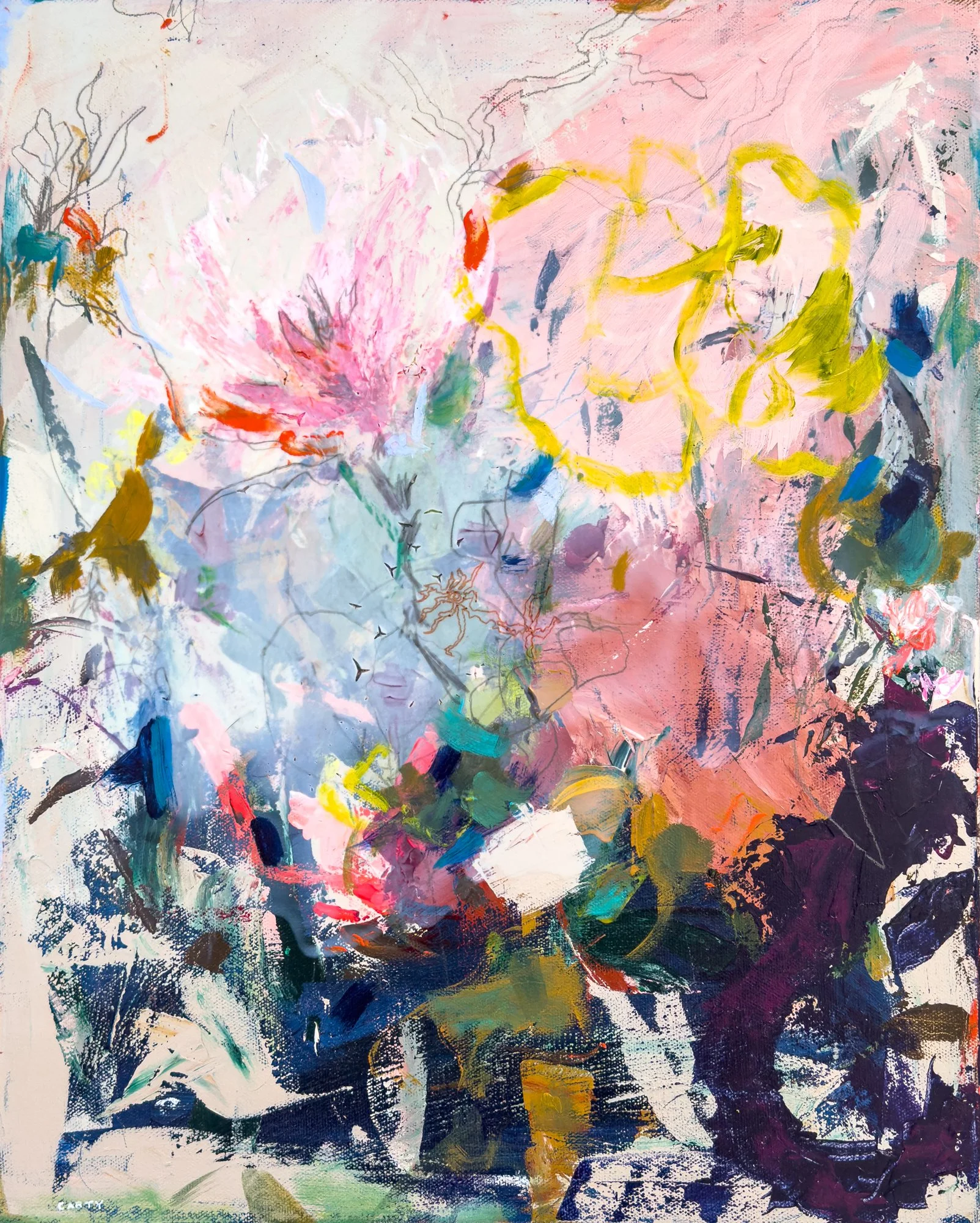 energetic abstract floral painting by Megan Carty