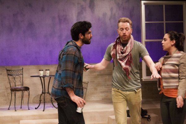 Andrew L. Saenz (from left), Riley McIlveen and Sahar Dika in “Mosque Alert” at Silk Road Rising. (Photo: Airan Wright)