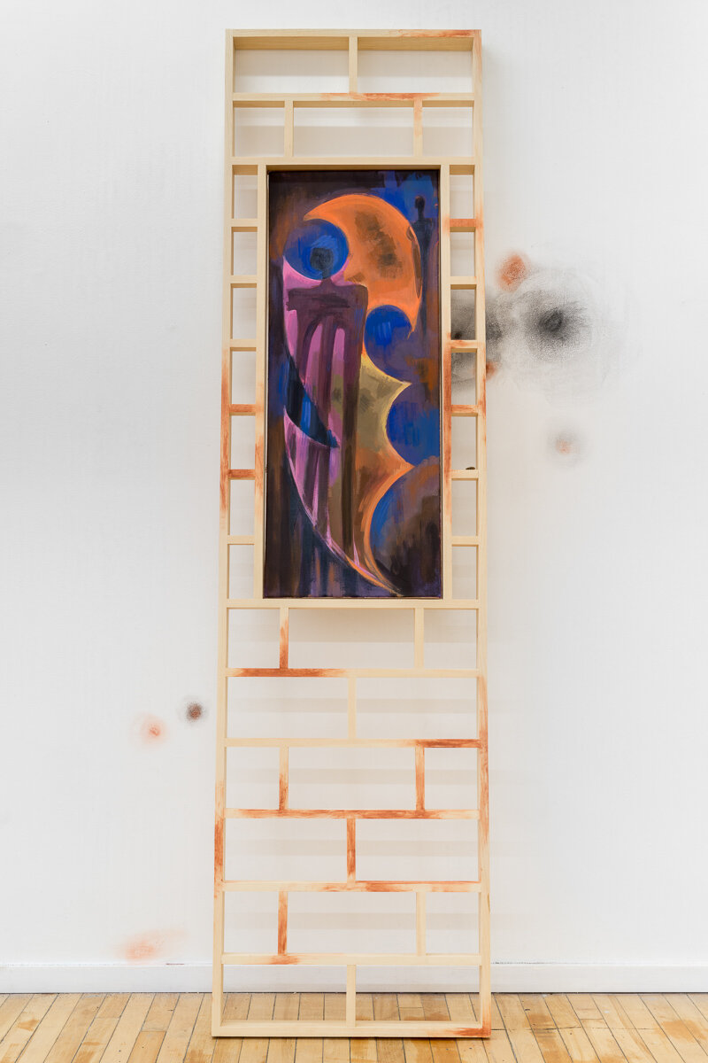  geetha thurairajah,  Subtle Exchanges  (2019) ,  huile sur toile, cadre en pin      