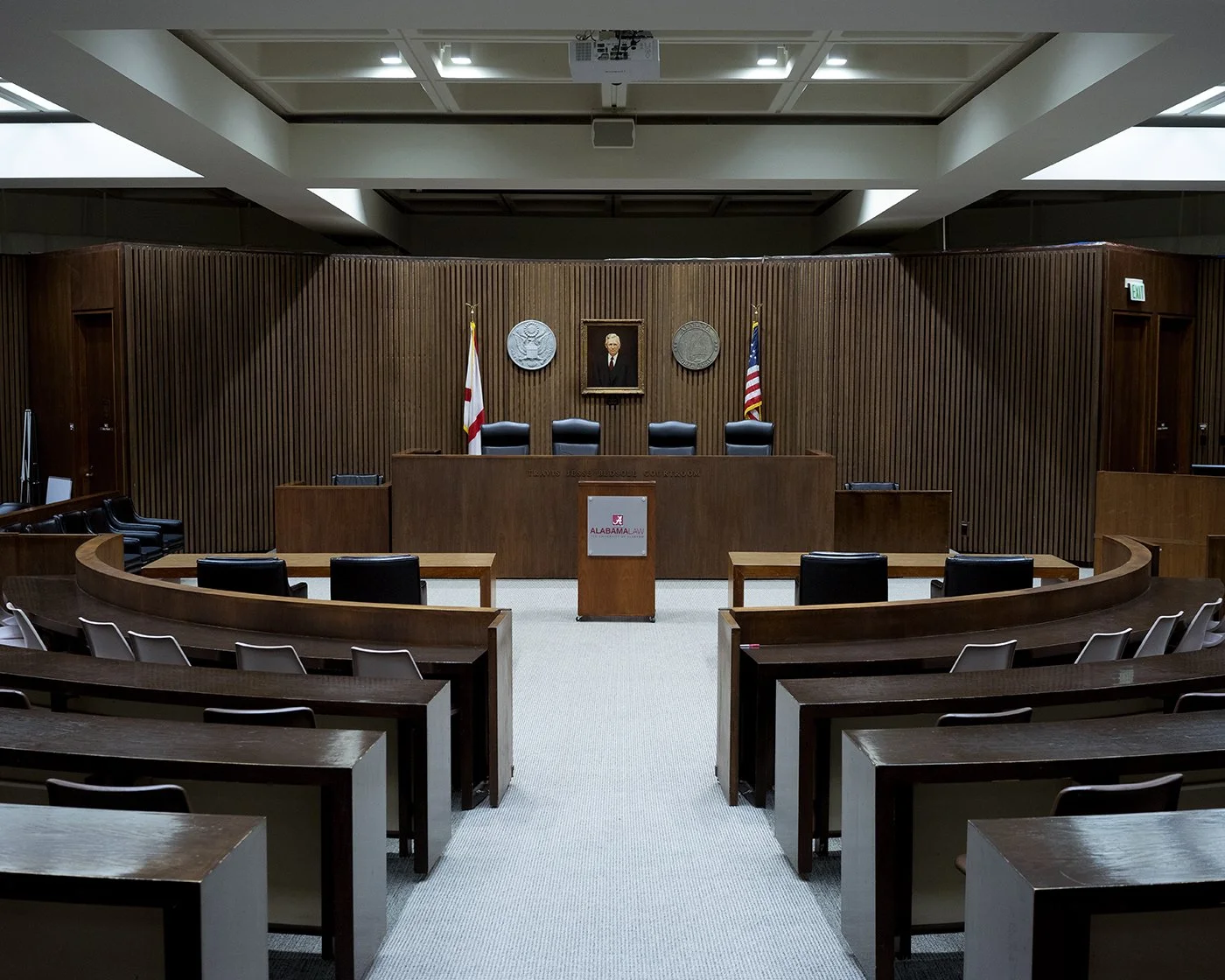 This picture shows the empty courtroom in the Law School at the University of Alabama.