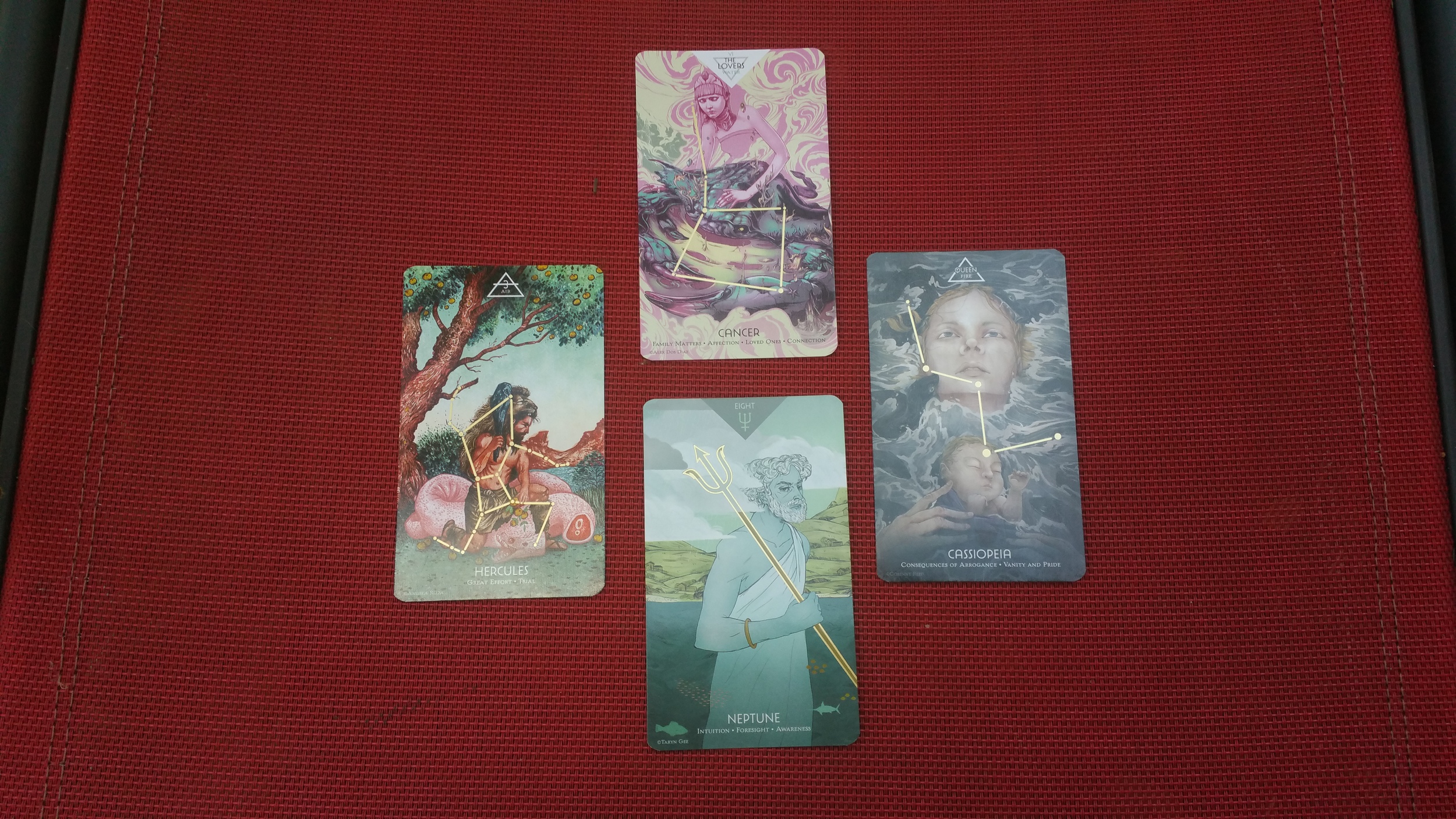Lay down the spread in this order: 1) Your left, 2) your right, 3)center top, 4)center bottom