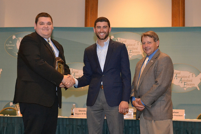 Mohawk Valley FFA Advisor Christopher Smith (left) was presented with the Teachers Turn the Key Scholarship. Agricultural education is continually faced with a shortage of qualified teachers. Unless those who have been trained enter and remain in the profession for a period of several years, the shortage of qualified teachers will prevail. As a means of encouraging young teachers to remain in the profession and to encourage and recognize participation in professional activities, NAAE offers the Teachers Turn the Key Scholarship.