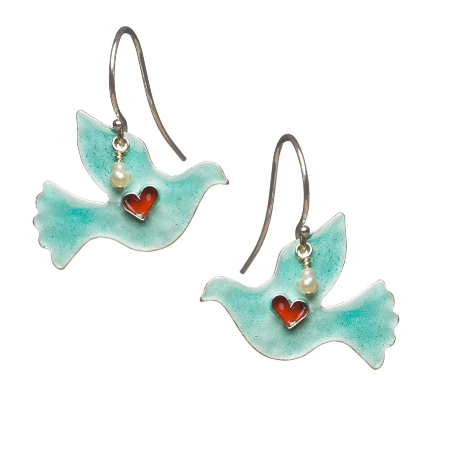 Aqua blue dove bird enamel earrings with tiny red cloisonné heart