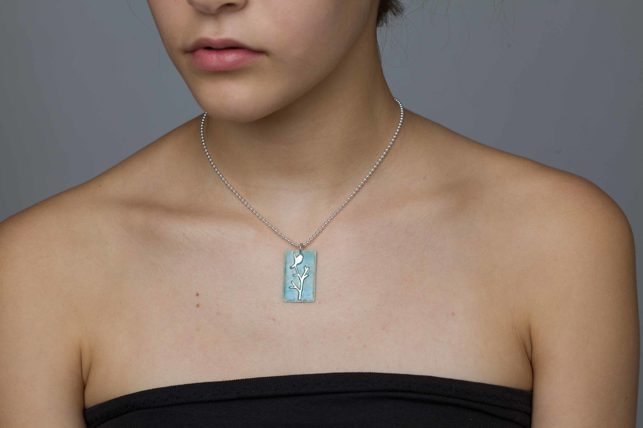 Sterling Silver and Enamel Bird and Branch Necklace