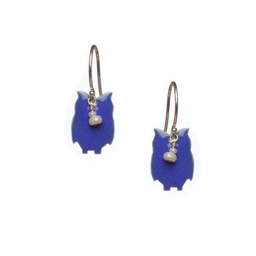 Owl and Freshwater Pearl Drop Enamel Earrings