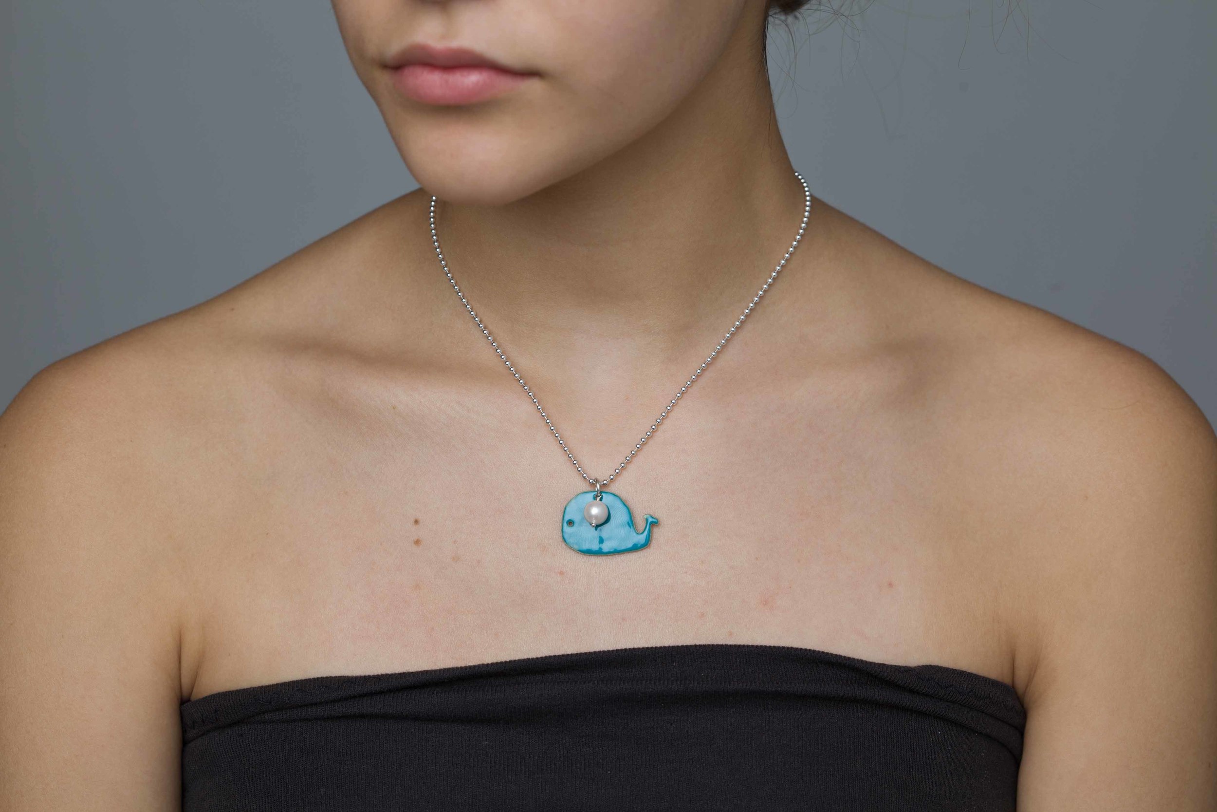 Handmade Enamel Whale and Freshwater Pearl Drop Necklace