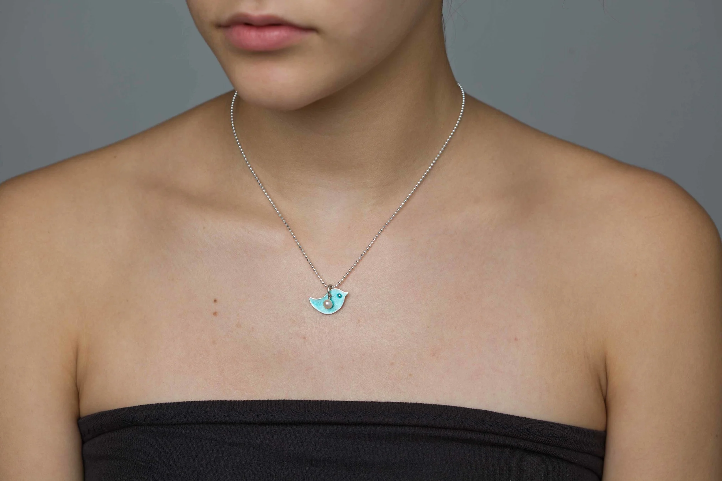 Fly Bird Enamel and Pearl Drop Necklace