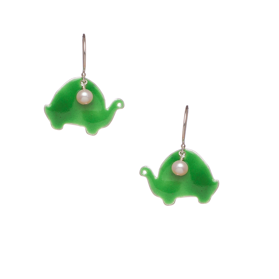 turtle earrings green enamel and silver ear wires