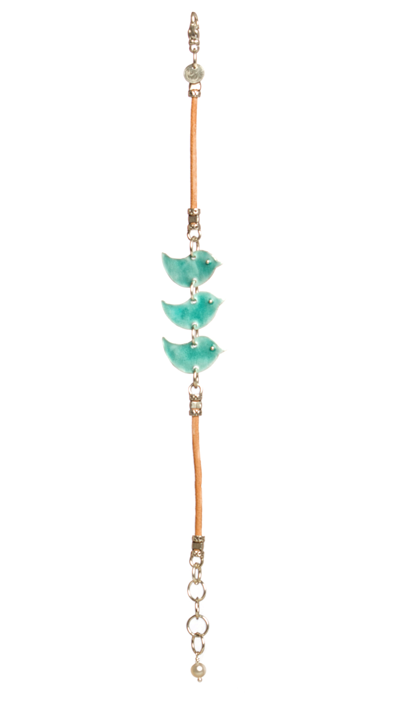 Triple Bird Enamel and Freshwater Pearl Bracelet