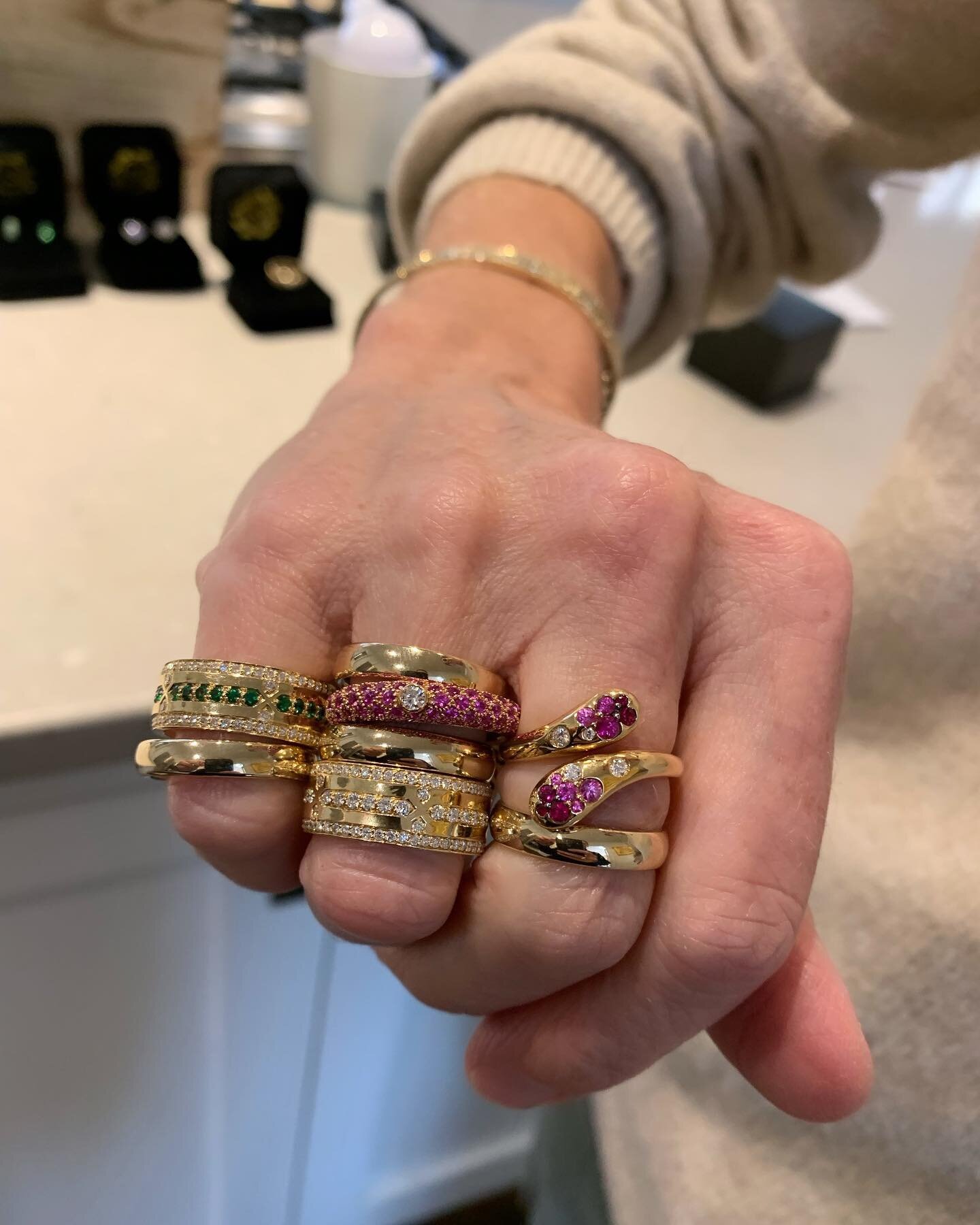 Hello weekend!
Each one prettier than the next and up on our site shortly&hellip;it&rsquo;s a good time to be thinking about weekends, parties and Holiday bling! 💕💕💕
&bull;
&bull;
&bull;
#rings #beautifulrings #bands #goldbands #stackem #pinksapph