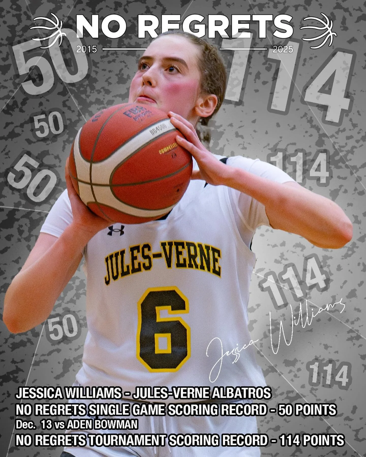 Jules-Verne&rsquo;s #6 Jessica Williams broke records at NO REGRETS this year! 

With 114 points across 3 games, she&rsquo;s now the leading scorer (total points) of the Girls Tournament, as well as the leader of the most points in a single game reco