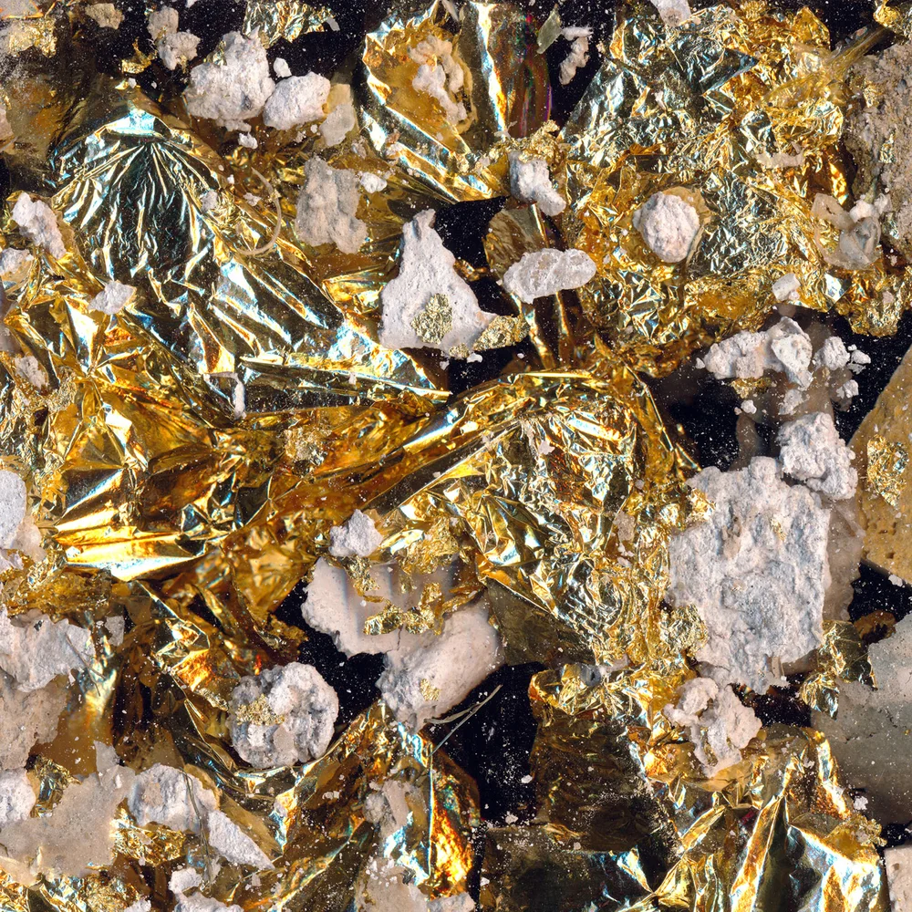 Gold Ore / Ultraviolet print on cotton backed metallic wallcovering. 