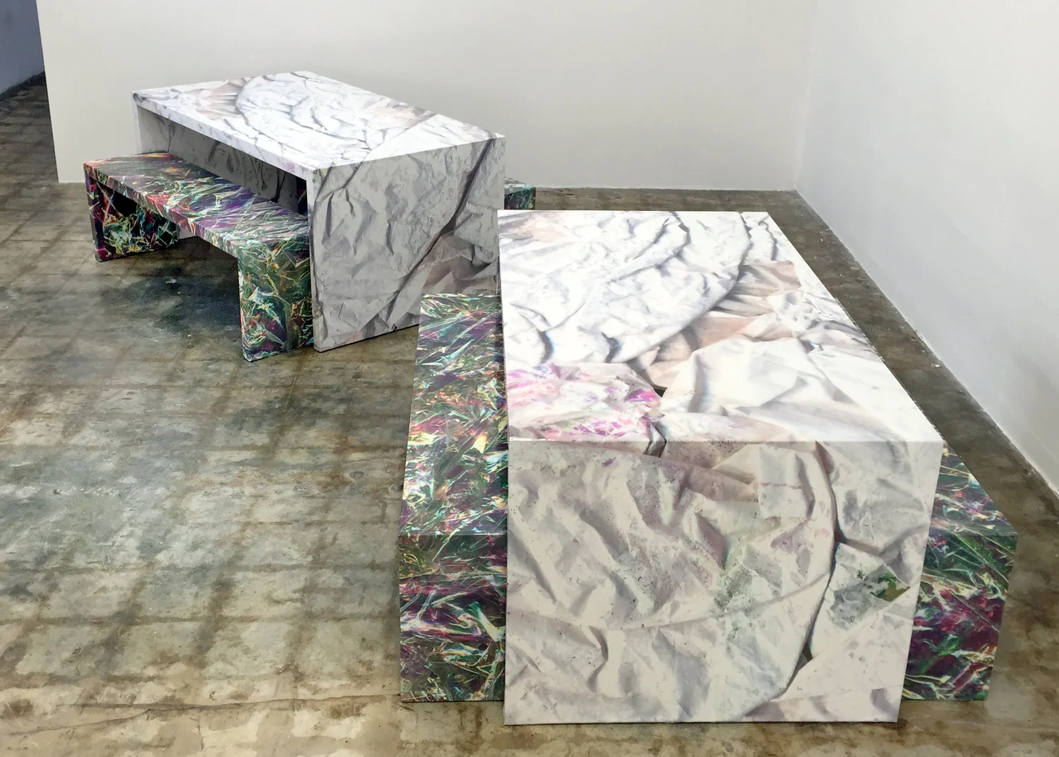 Tables and Benches / White on Iridescent and Iridescent. 