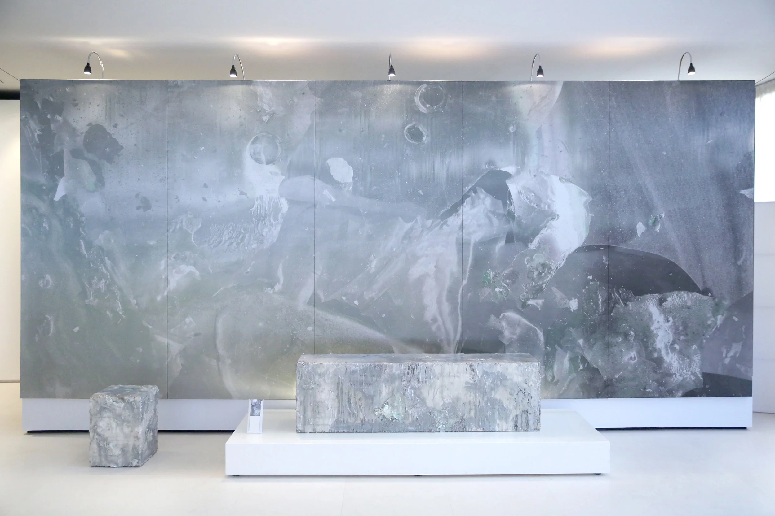 Fossilized Mussels 5 panel textile mural spanning 18' x 8' x 2" (Shown with functional sculptures - handmade bench and stool by the artist)
