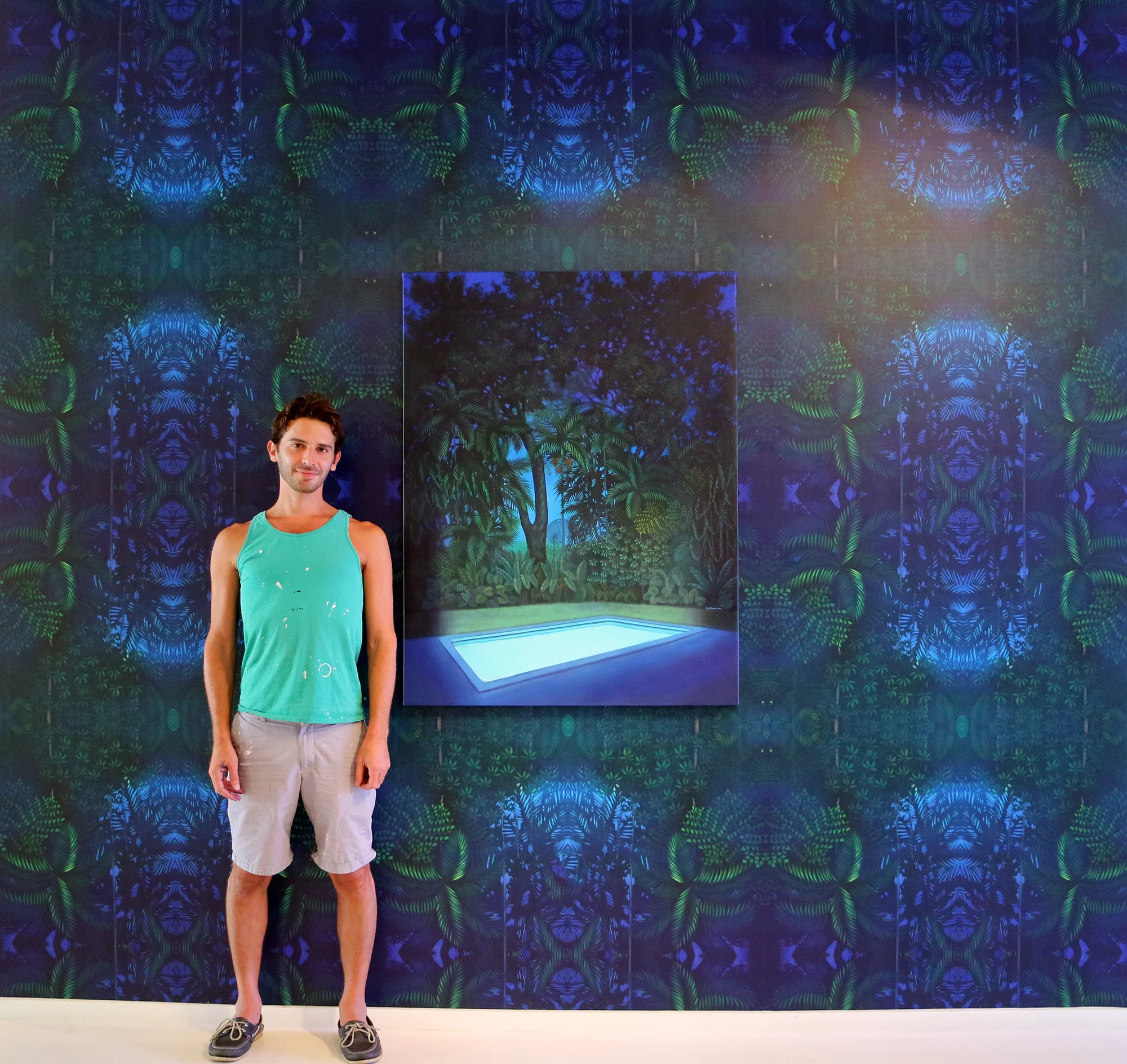 Eric Beare photographed in Miami, Fl Wallcovering: Tropical Emissions (Available in minimums of 100 square feet) Acrylic on canvas: Nocturnal Emissions 36" x 48" x 2" 