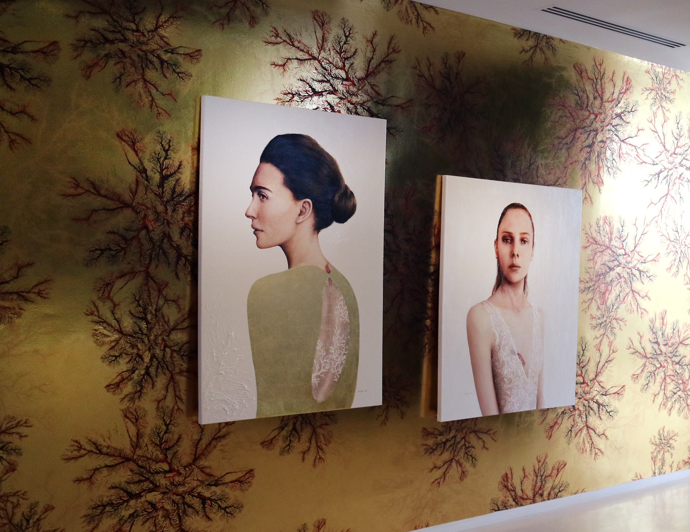 Mert Özgen "Love seemed to me centuries of torture." / Oil on canvas / 60" x 40" x 2" Coral Veins / ultraviolet print on gold metallic wallcovering. Available in 100 sq ft minimums.