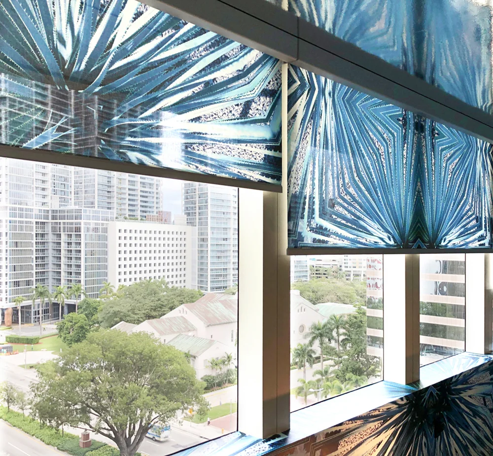 Glass Agave motorized shades in collaboration with Alva.