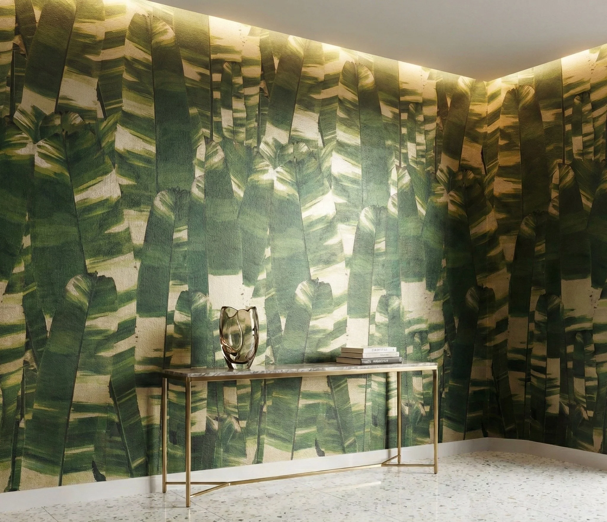 Vertical Leaf Camo green OG gold metallic wallpaper wallcovering by EDGE Collections foyer wallpaper 2.jpg