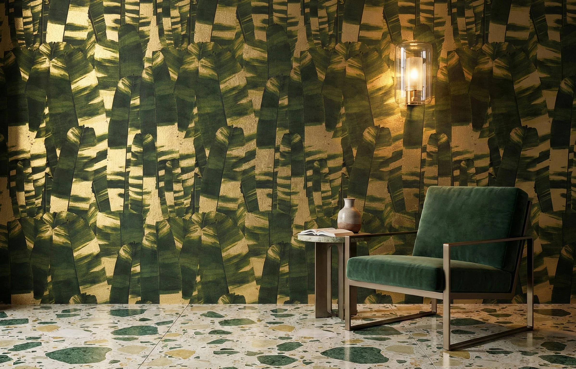 Vertical Leaf Camo green OG gold metallic wallpaper wallcovering by EDGE Collections foyer wallpaper gold.jpg