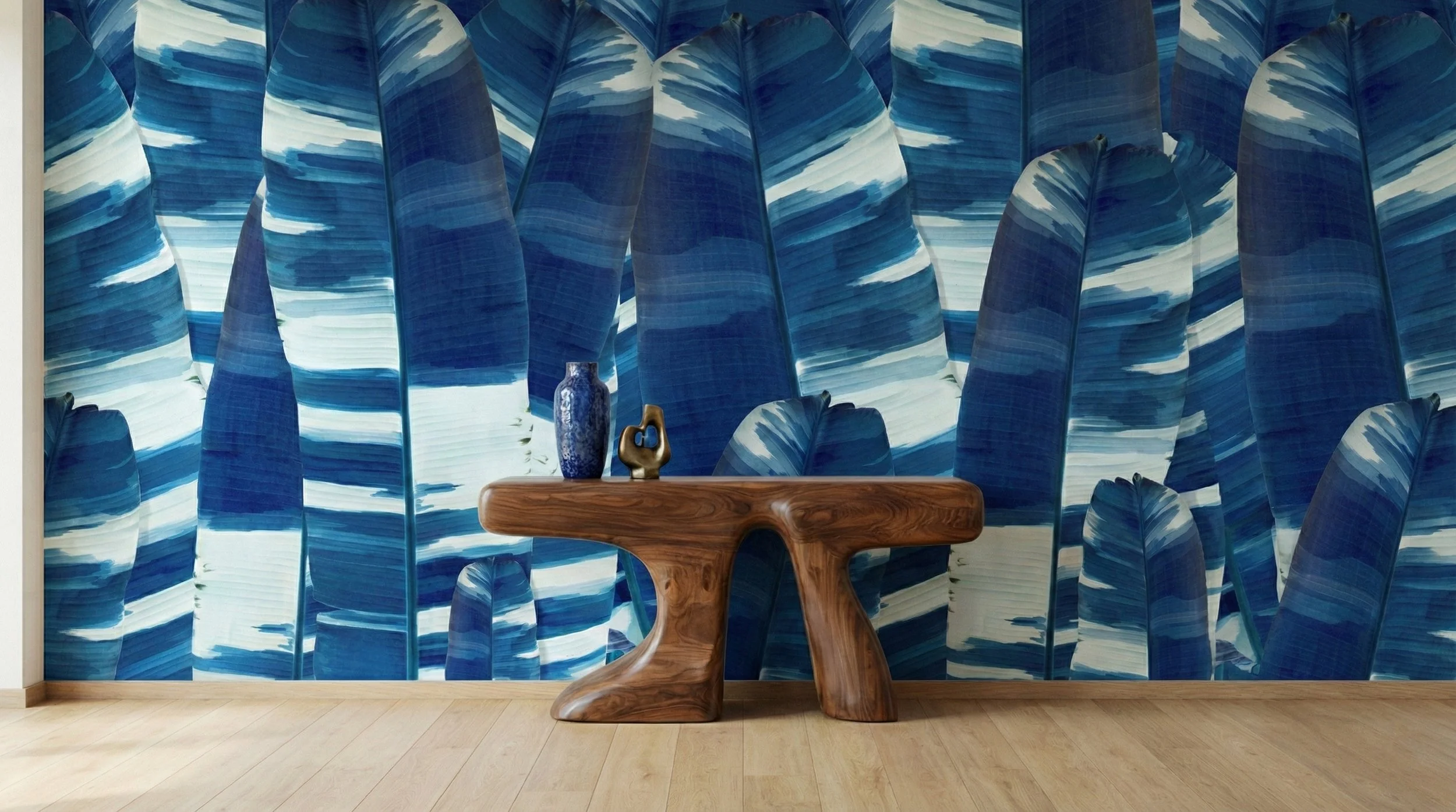 Vertical Leaf Camo Blue wallpaper wallcovering by EDGE Collections restaurant wall credenza wallpaper 2.jpg