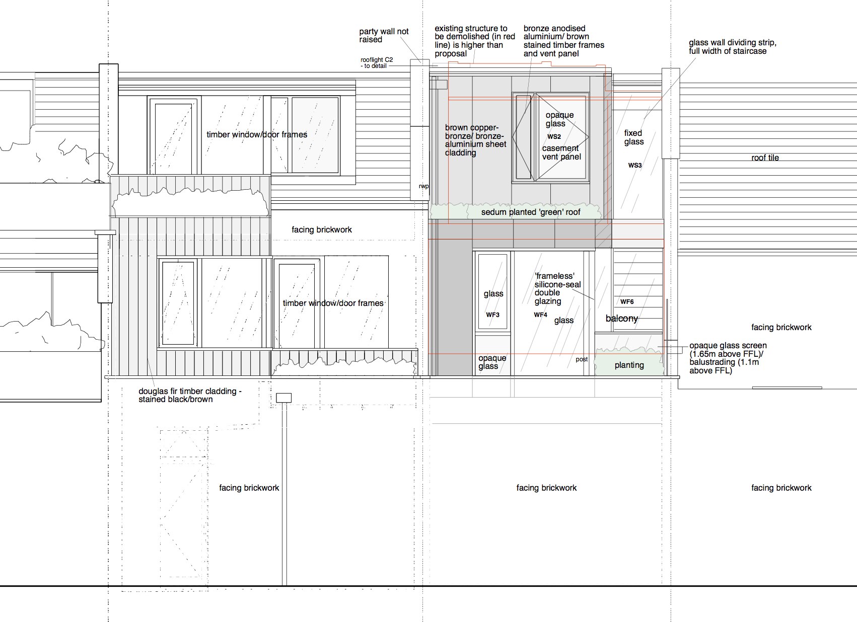 The clients approached Jake Ireland Architects following the work carried out next door, at No.30. The project is a complementary contemporary remodelling, extending the first floor study area and supplying a double bedroom at second floor level. The new elements are externally clad in bronze panels (chocolate brown colour, to relate to the timber cladding of No.30). The proposal is for the erection of a rear extension at first and second floor levels (to replace the existing sub-standard second floor conservatory) with general internal and external improvements. The spatial composition and the selection of materials are intended to complement the neighbouring buildings. No.32 is a small residential property (ground floor internal area: 38m2; width: 4m). The main purpose of the proposed works is to supply a reasonably sized second bedroom in place of the undersized existing conservatory. Sight lines mean that the replacement of the existing conservatory with a new bedroom structure is not visible from street level. Daylight will enter the spaces from all directions, changing dramatically throughout the day. The passive solar gain is combined with stack-effect ventilation. Glass floor panels and rooflights open up unexpected views through the flat. The ground living space is to be refurbished and a new family-sized kitchen installed. The under-stair store is large enough for future installation of a WC and washbasin, if required. No works are proposed to the existing ground floor to first floor staircase. However, future installation of a stair lift is possible, if required. The first floor extension enables a new family bathroom to be supplied. The new terrace gives valuable outdoor amenity space and emergency egress to the terrace of No.30 and flat roof of No.34. However, privacy is to be retained by using opaque glass balustrade and a screen of tall planting (previously installed successfully to No.30). Proposed Bedroom 2 benefits from an en-suite shower/WC and the existing front terrace. The contemporary frameless glazing over the new stair will give a special quality to the circulation spaces. © jake ireland architects 2007 - 2015