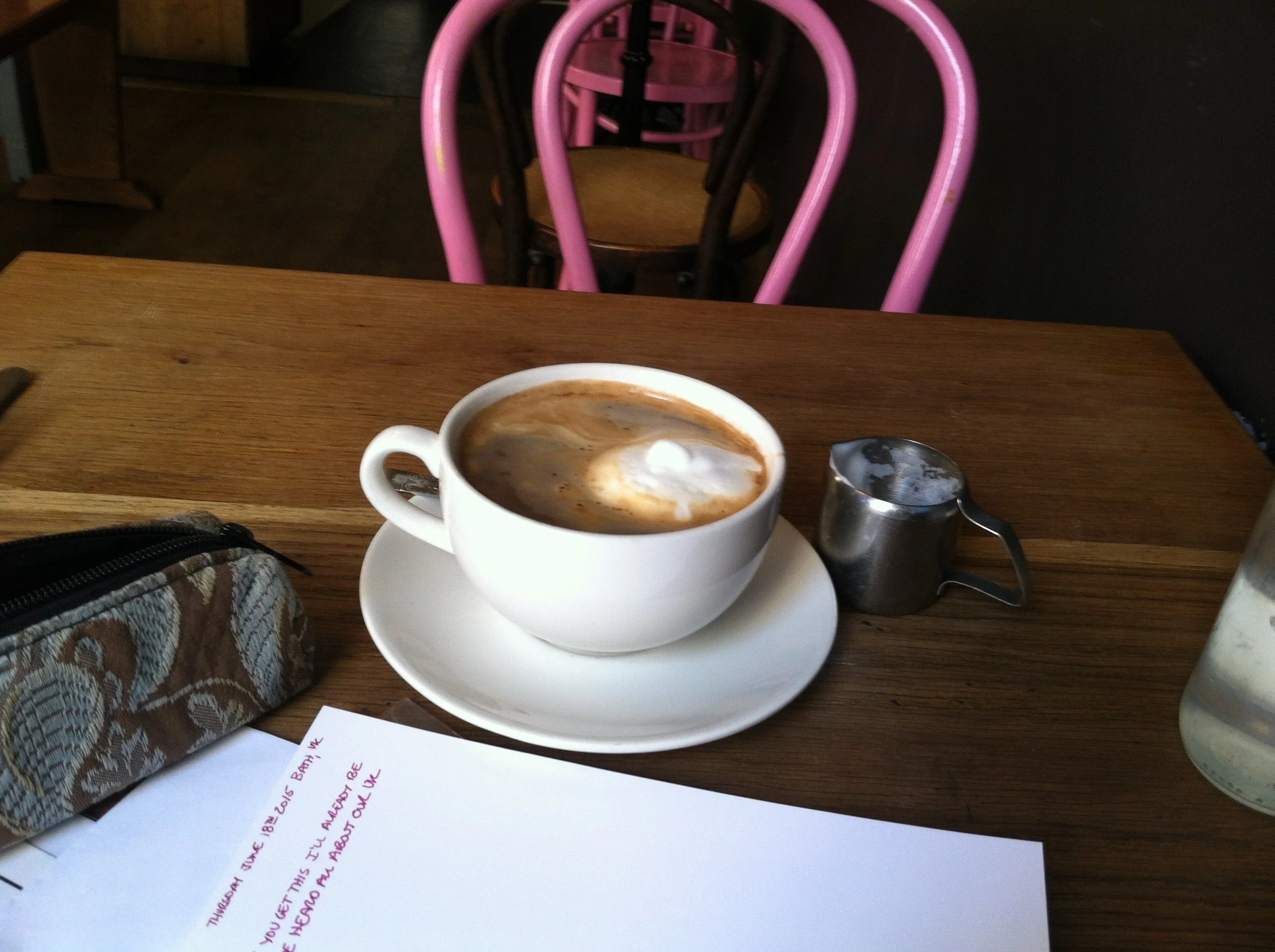 I take my writing tools with my everywhere. Morning pages in Bath, UK 2015