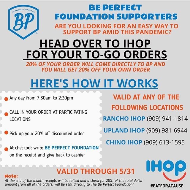 It&rsquo;s a new week! We would really appreciate your support!

Got to eat right? Support us as we support local business. Go to one of the participating IHOP&rsquo;s and place your to-go order for you and your friends/family, where you will get 20%