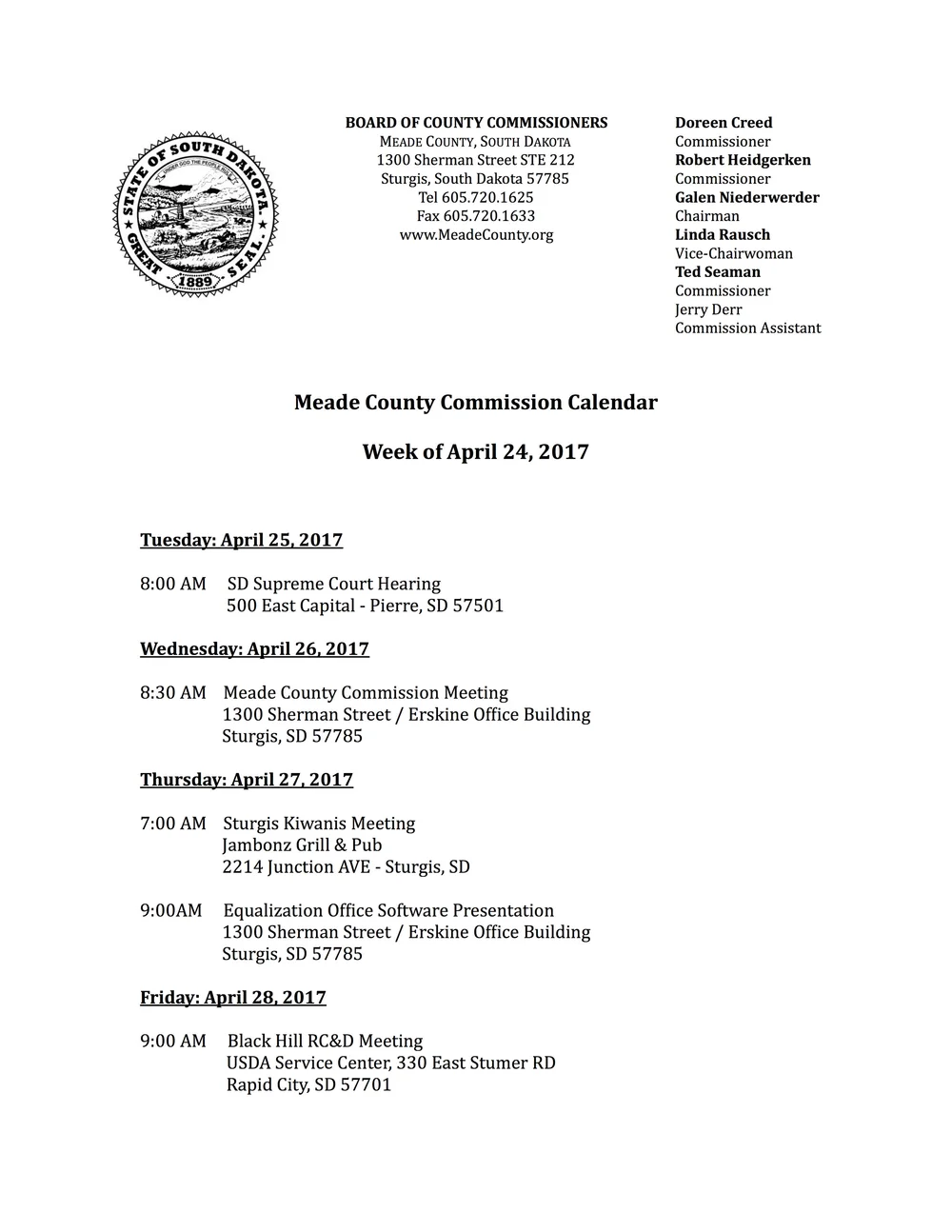 Commission Calendar - Week of April 24, 2017 — County of Meade