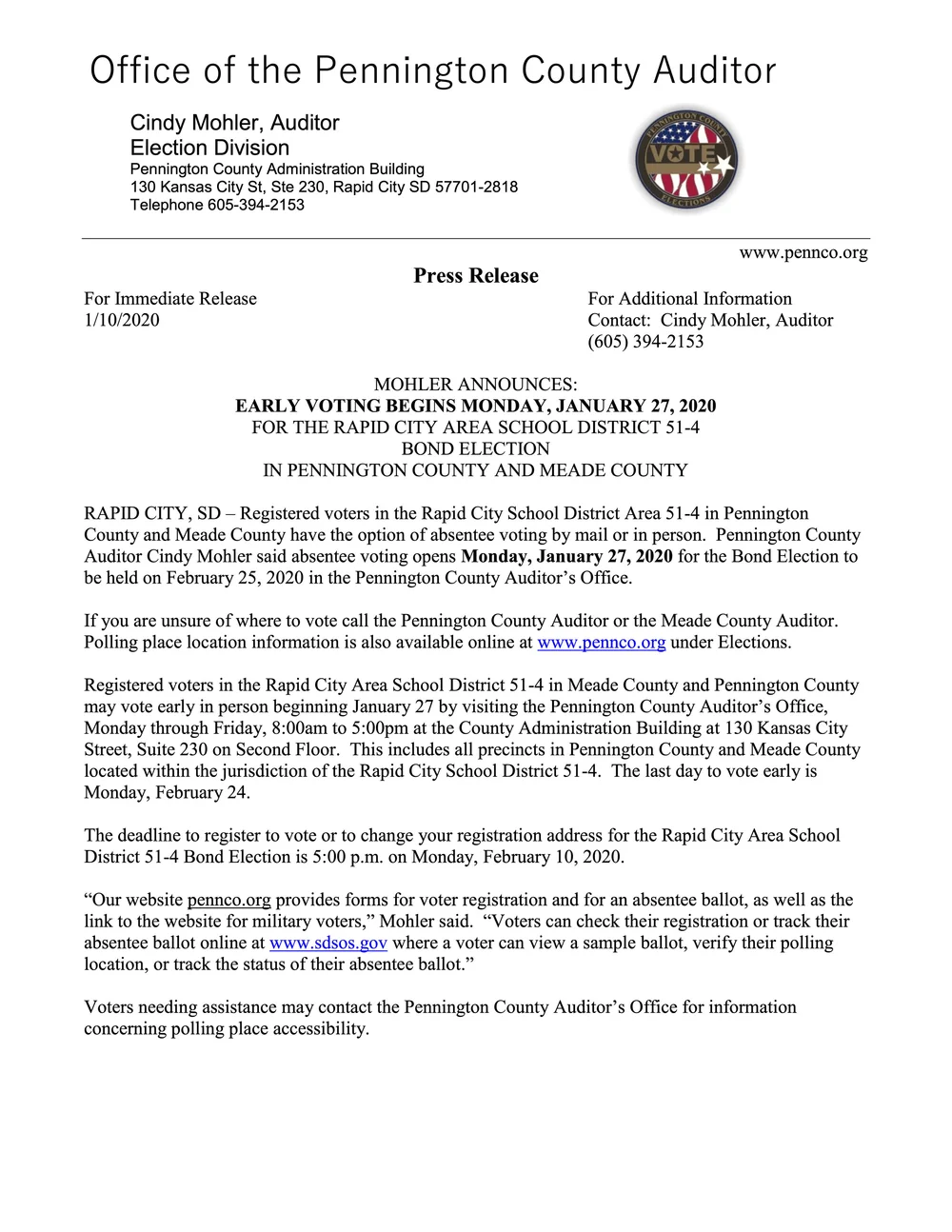 Early Voting for Rapid City School District 514 / Meade County and