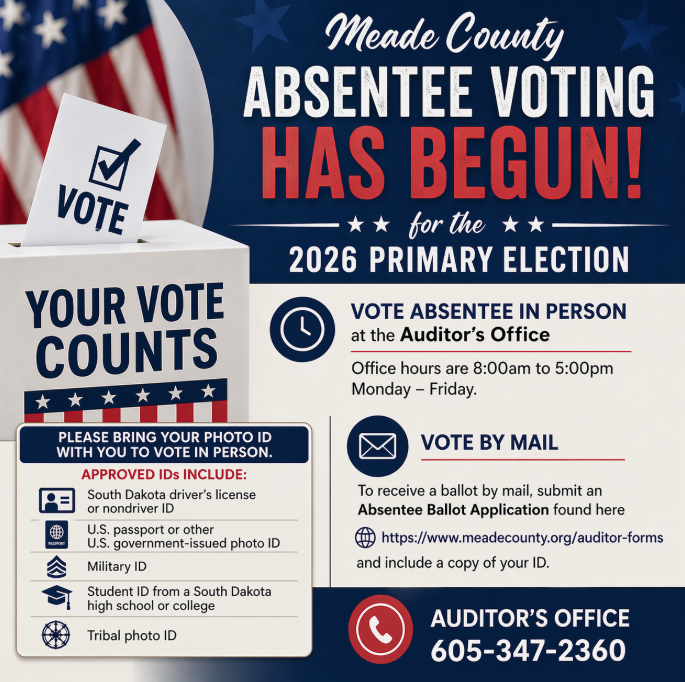 Meade County absentee voting has begun at the Auditor’s Office for the 2026 Primary Election