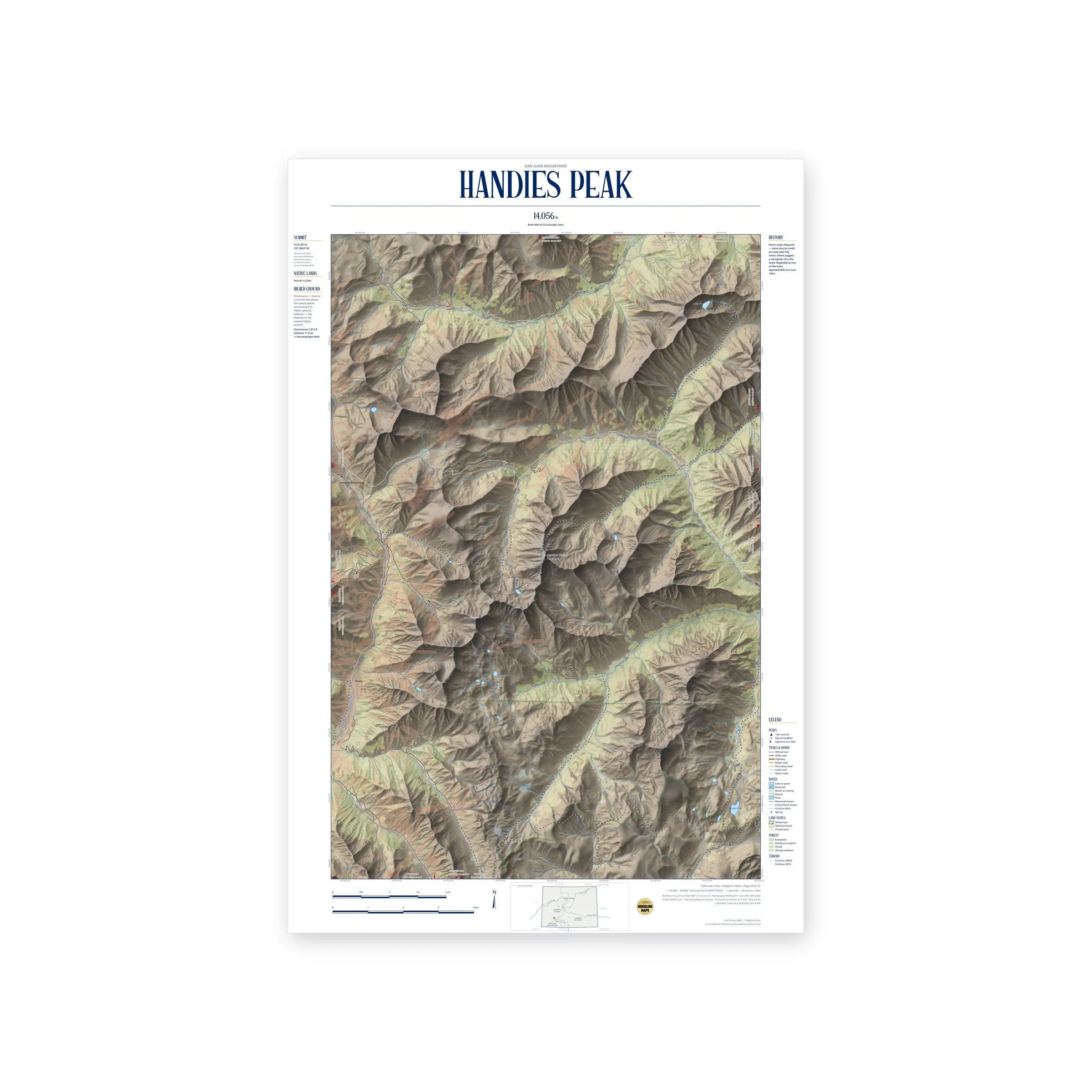 Handies Peak topographic map print, full view