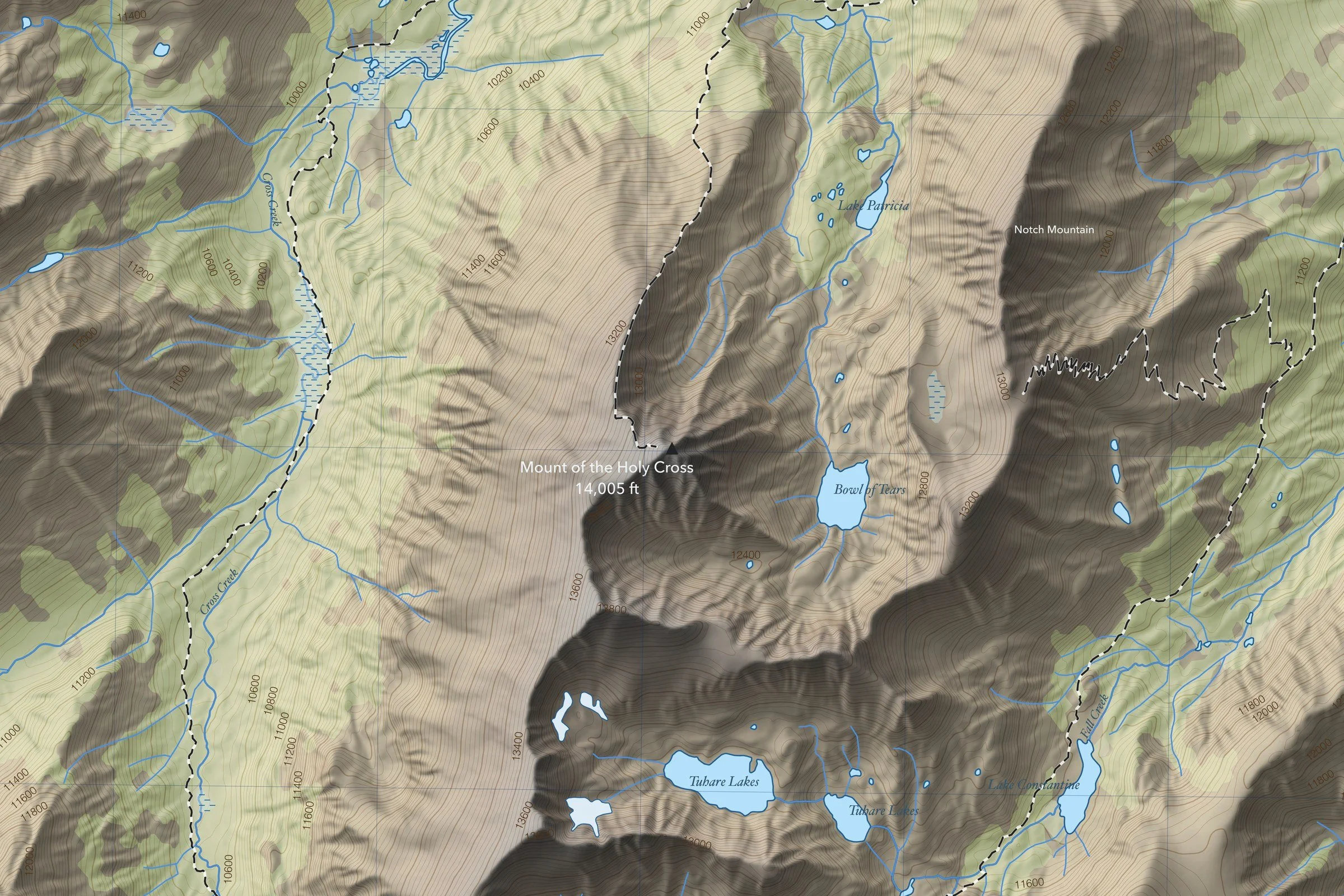 Close-up of the Mount of the Holy Cross map around the summit