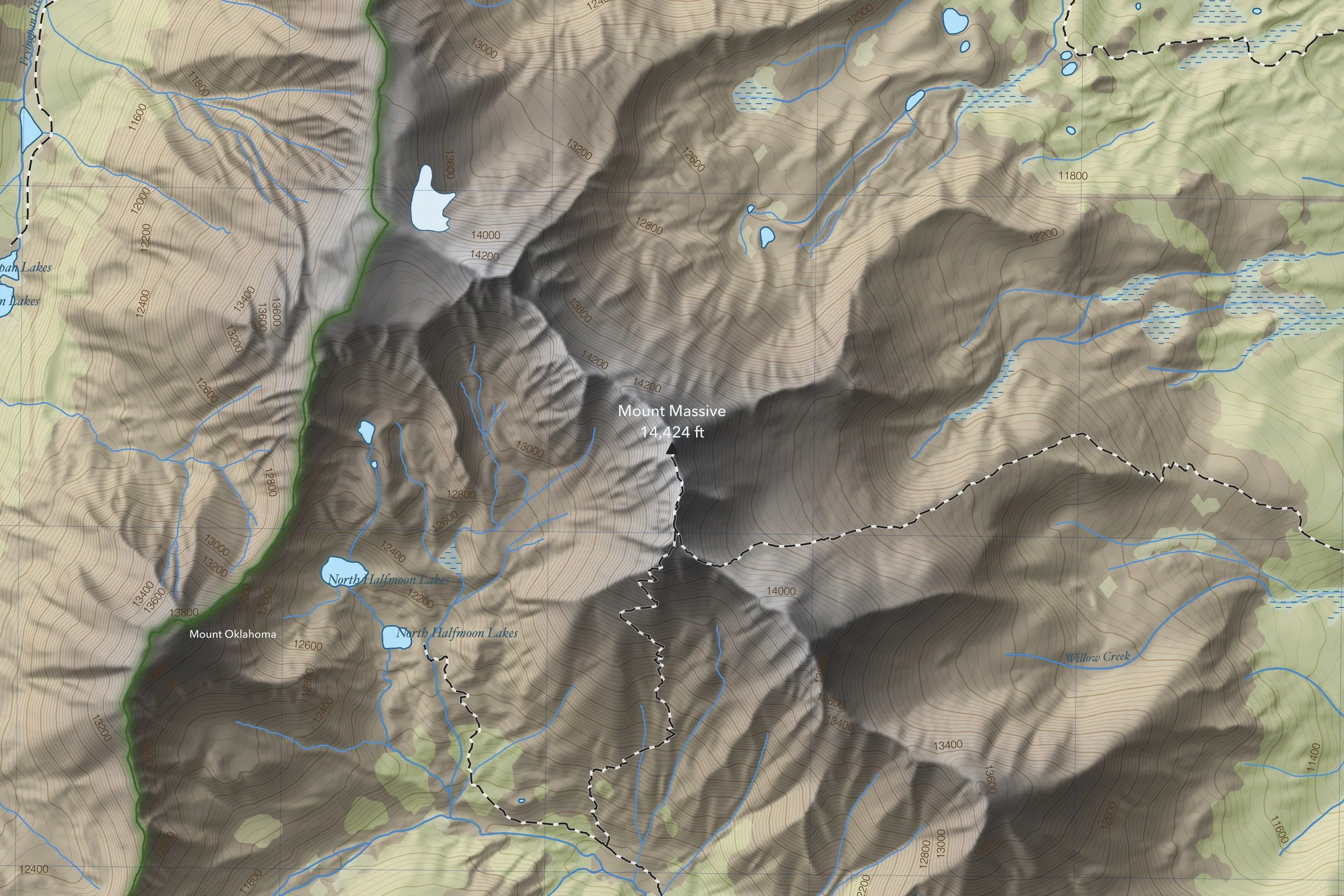 Close-up of the Elbert & Massive map showing trails, lakes and contours