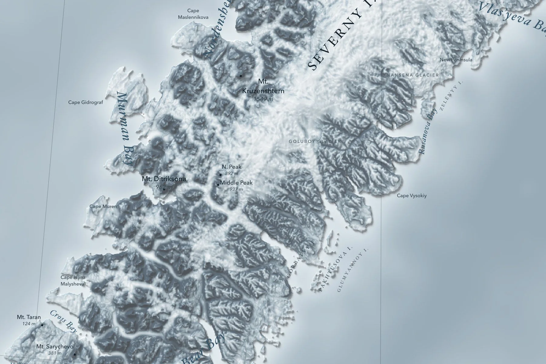 Close-up of Severny Island's mountains on the Novaya Zemlya map