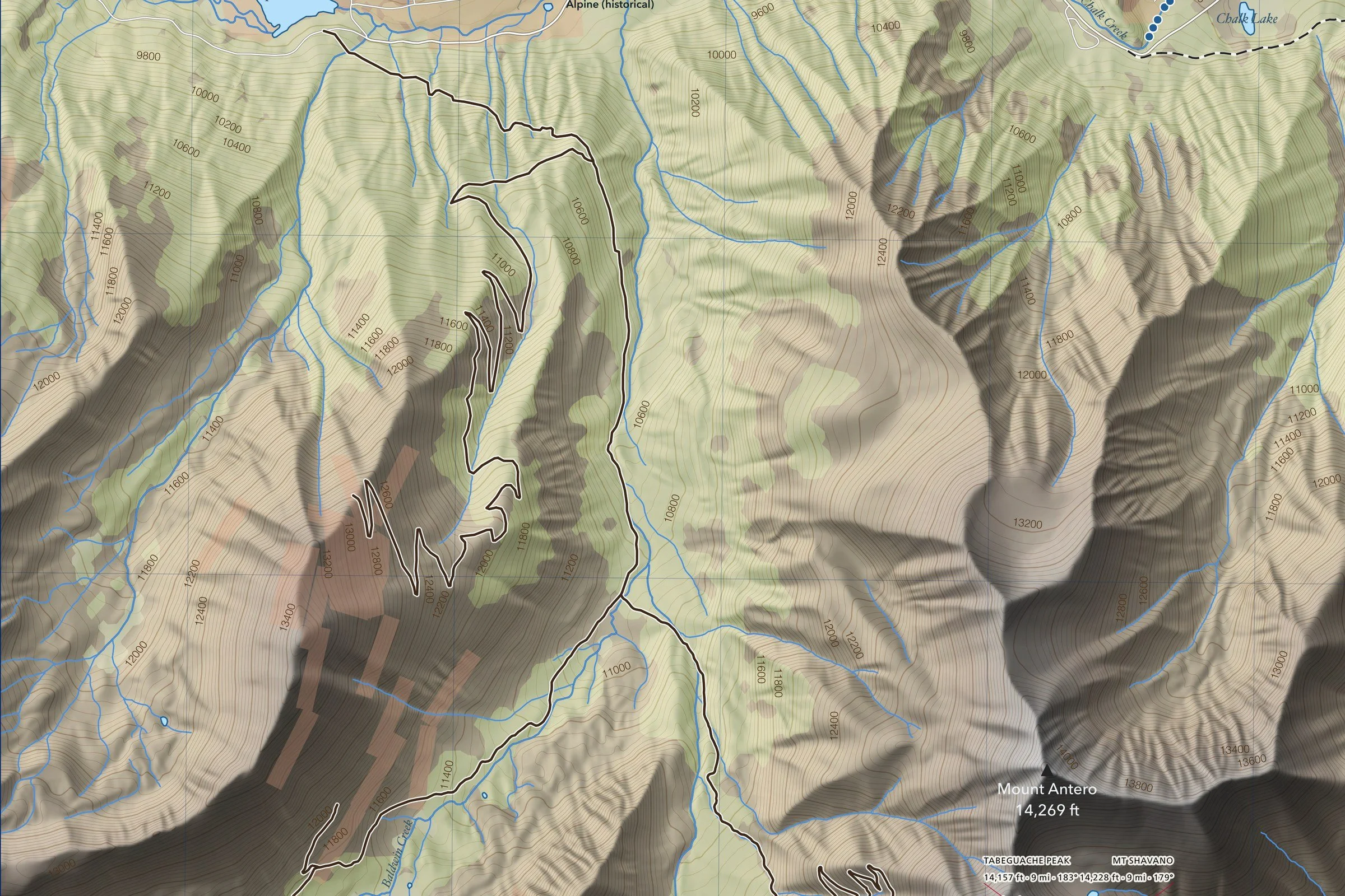 Close-up of the Mount Princeton map showing trails, lakes and contours