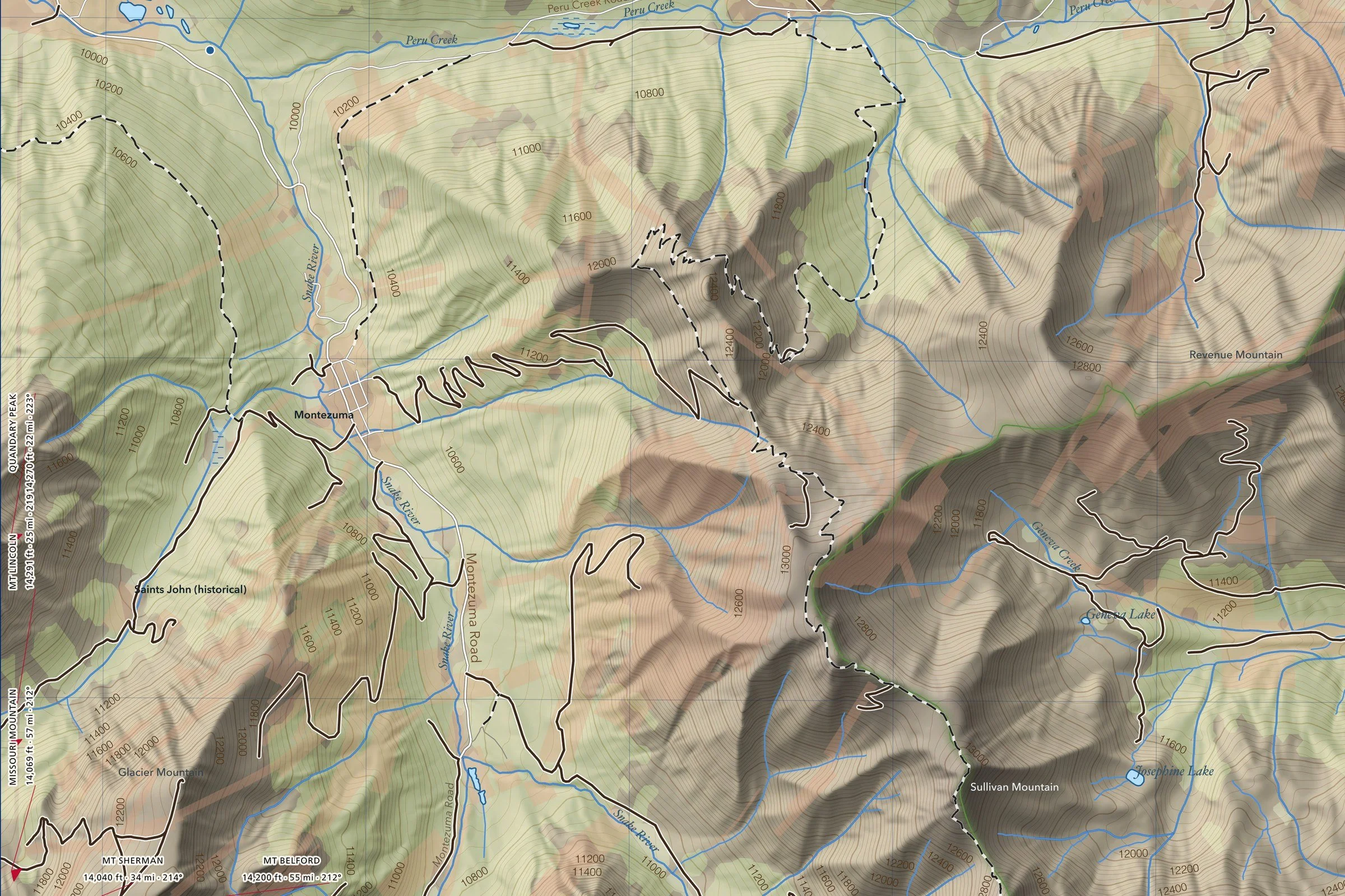 Close-up of the Grays & Torreys map showing trails, lakes and contours