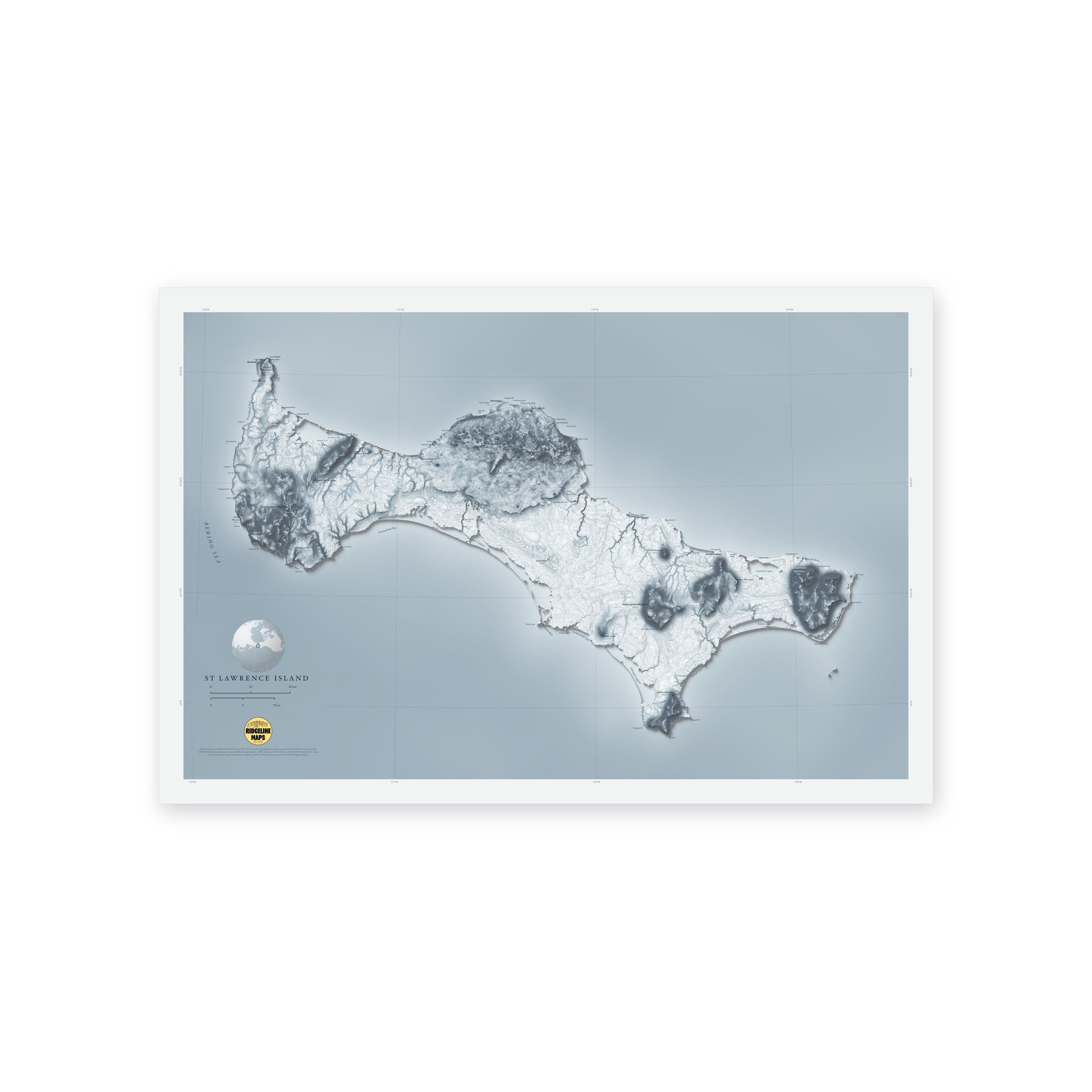 Shaded relief map of St. Lawrence Island, Alaska, in the Bering Sea