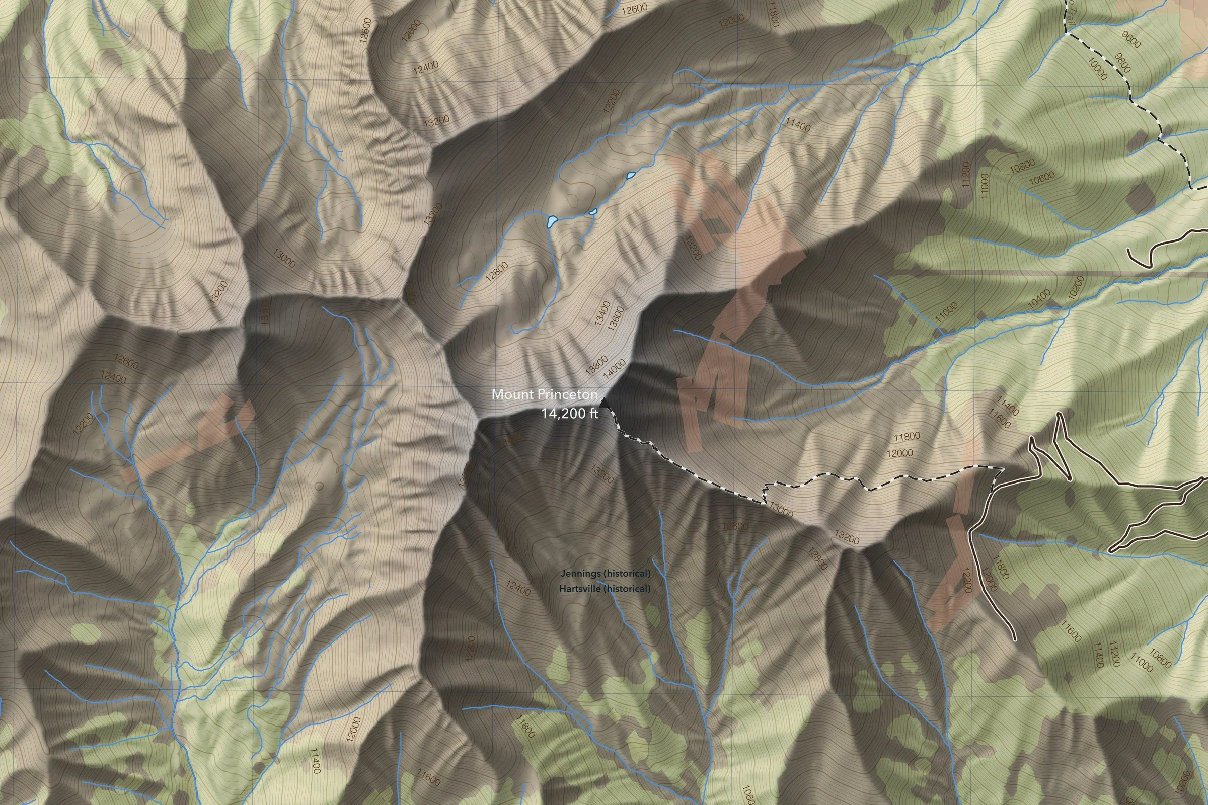 Close-up of the Mount Princeton map around the summit