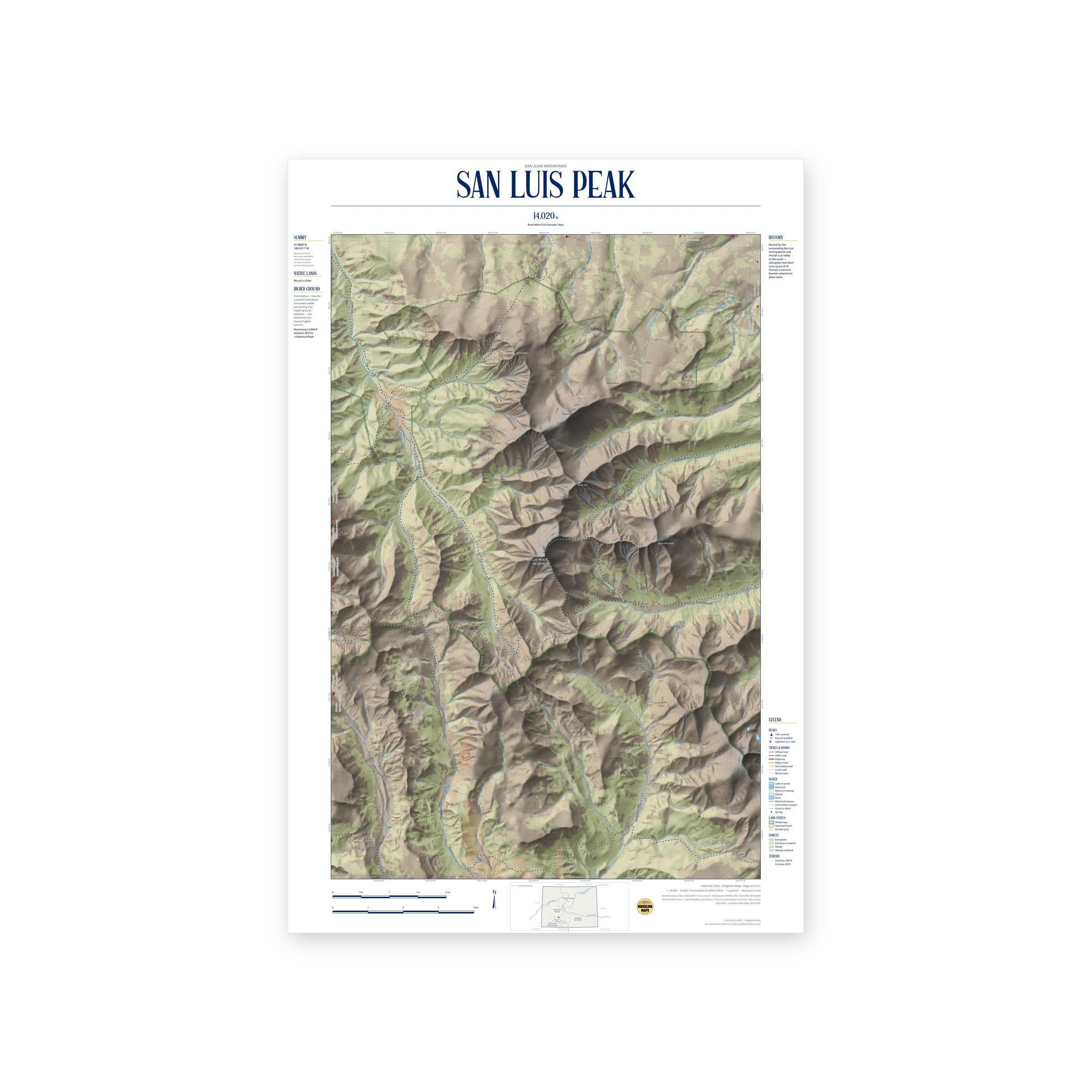 San Luis Peak topographic map print, full view