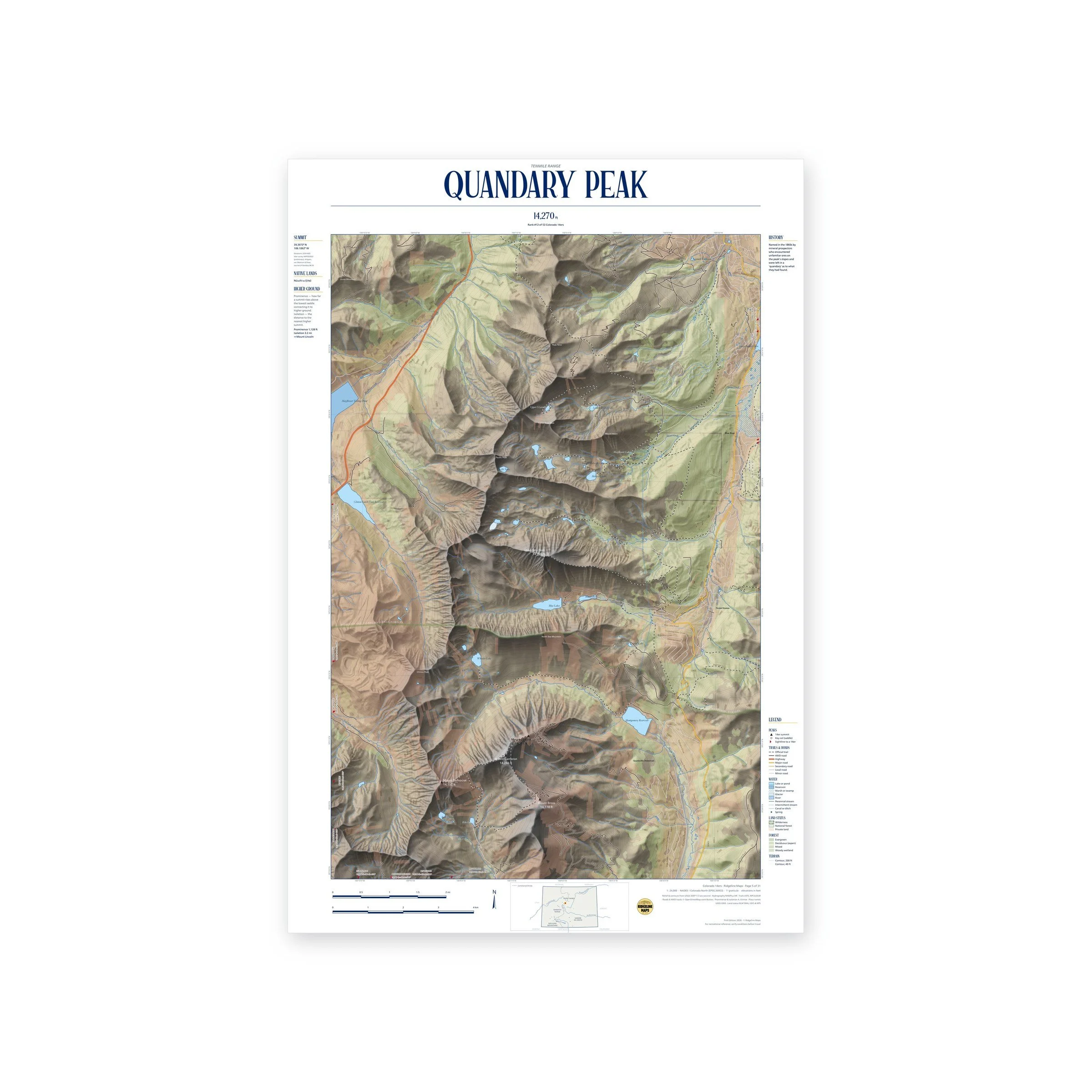 Quandary Peak topographic map print, full view